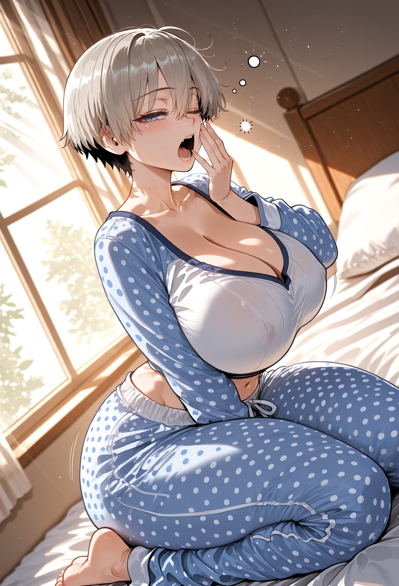 ai generated, attractive, attractive body, attractive female, big ass, big breasts, big butt, big thighs, blue eyes, breasts, breasts bigger than head, busty, curvy, cute, fat ass, fat butt, female, female only, giant breasts, gray hair, hot, huge ass, huge breasts, huge butt, huge thighs, massive ass, massive breasts, massive butt, miyuai, pajama pants, pajama shirt, pajamas, pijama, seductive, sexy, sexy body, sexy female, silver hair, sleepy, thick, thick ass, thick body, thick booty, thick butt, thick legs, thick thighs, uzaki hana, uzaki-chan wa asobitai!, waking up, yawn, yawning