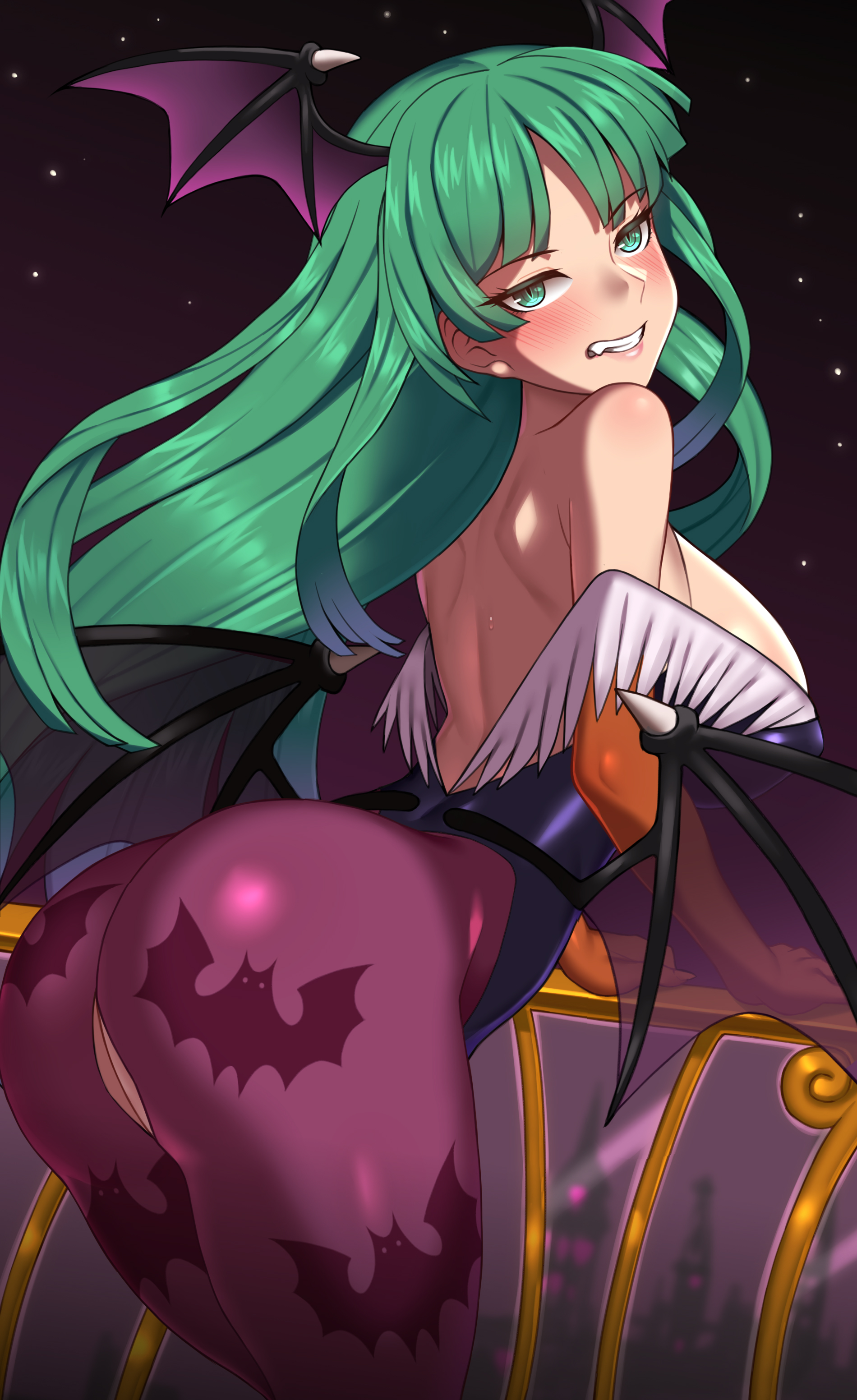 angry, ass, bare shoulders, blush, breasts, clothing, darkstalkers, demon, fat ass, female, green eyes, green hair, large breasts, long hair, morrigan aensland, nt00, solo, succubus