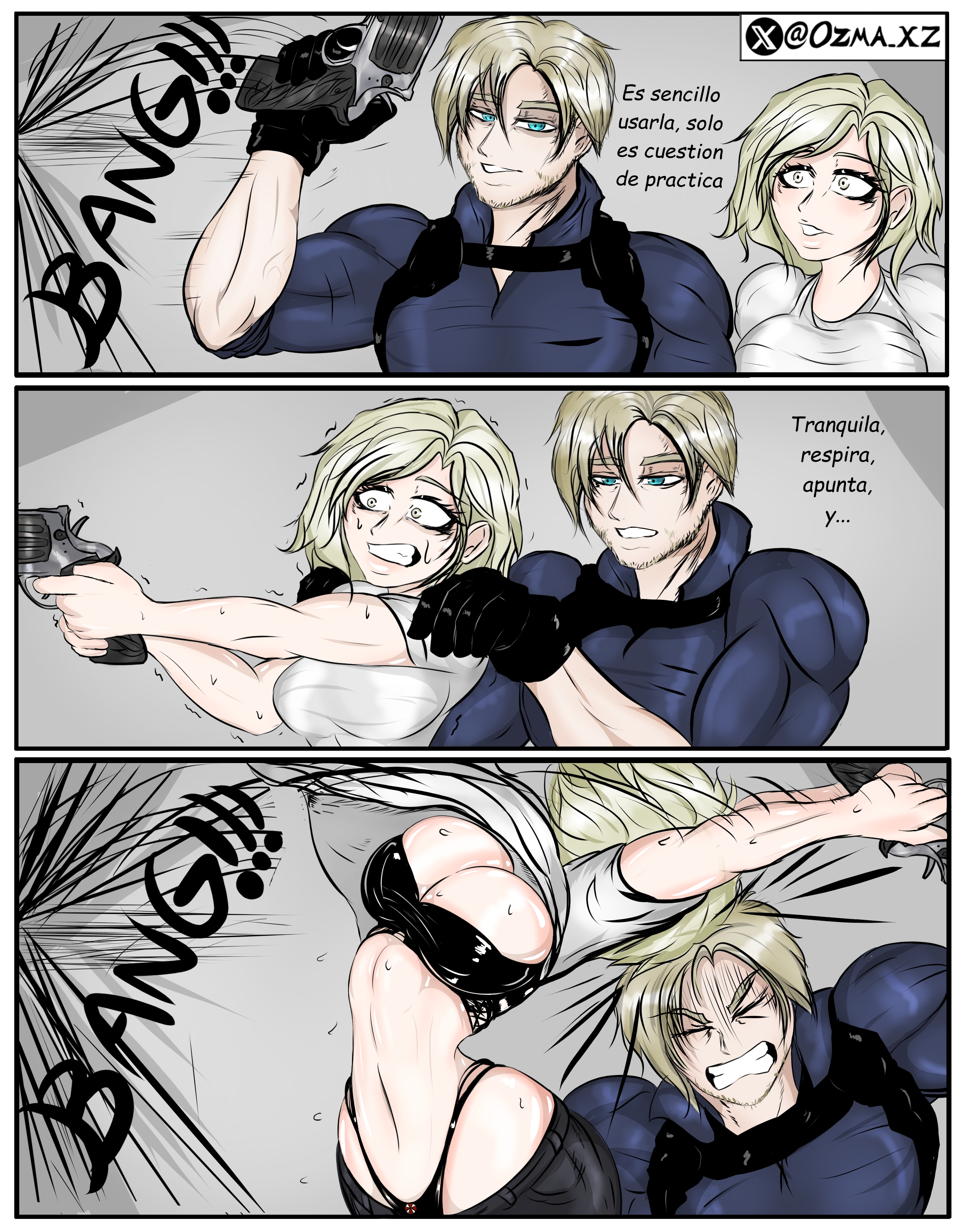 1boy, 1girls, 2d, clothing, comic, female, firearm, funny, grace ashcroft, gun, handgun, human, leon scott kennedy, male, ozma, pale skin, requiem (gun), resident evil, resident evil 9: requiem, revolver, wardrobe malfunction, weapon