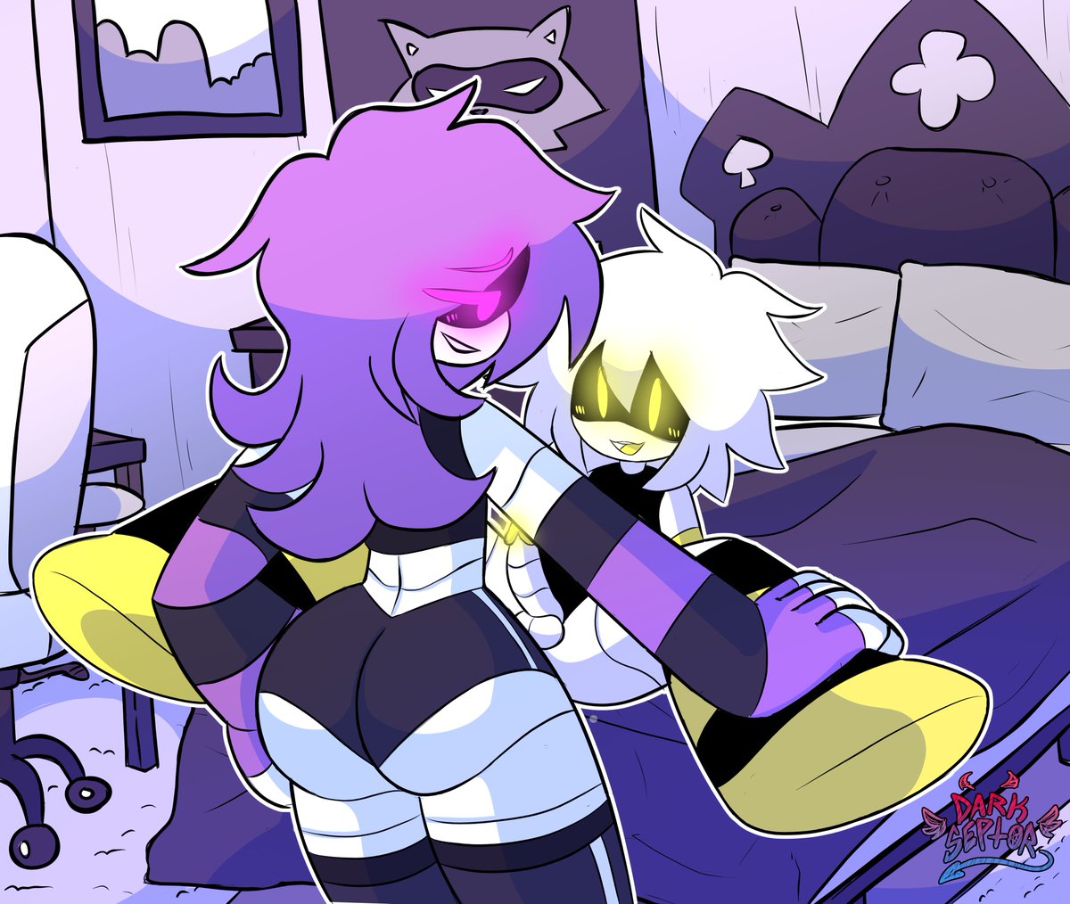 1boy, 1girls, bed, bedroom, before sex, blush, blushing female, blushing male, chair, darkseptor, male/female, murder drones, n (murder drones), penis, pillow, purple eyes, purple hair, spread legs, straight, uzi (murder drones), white hair, yellow eyes