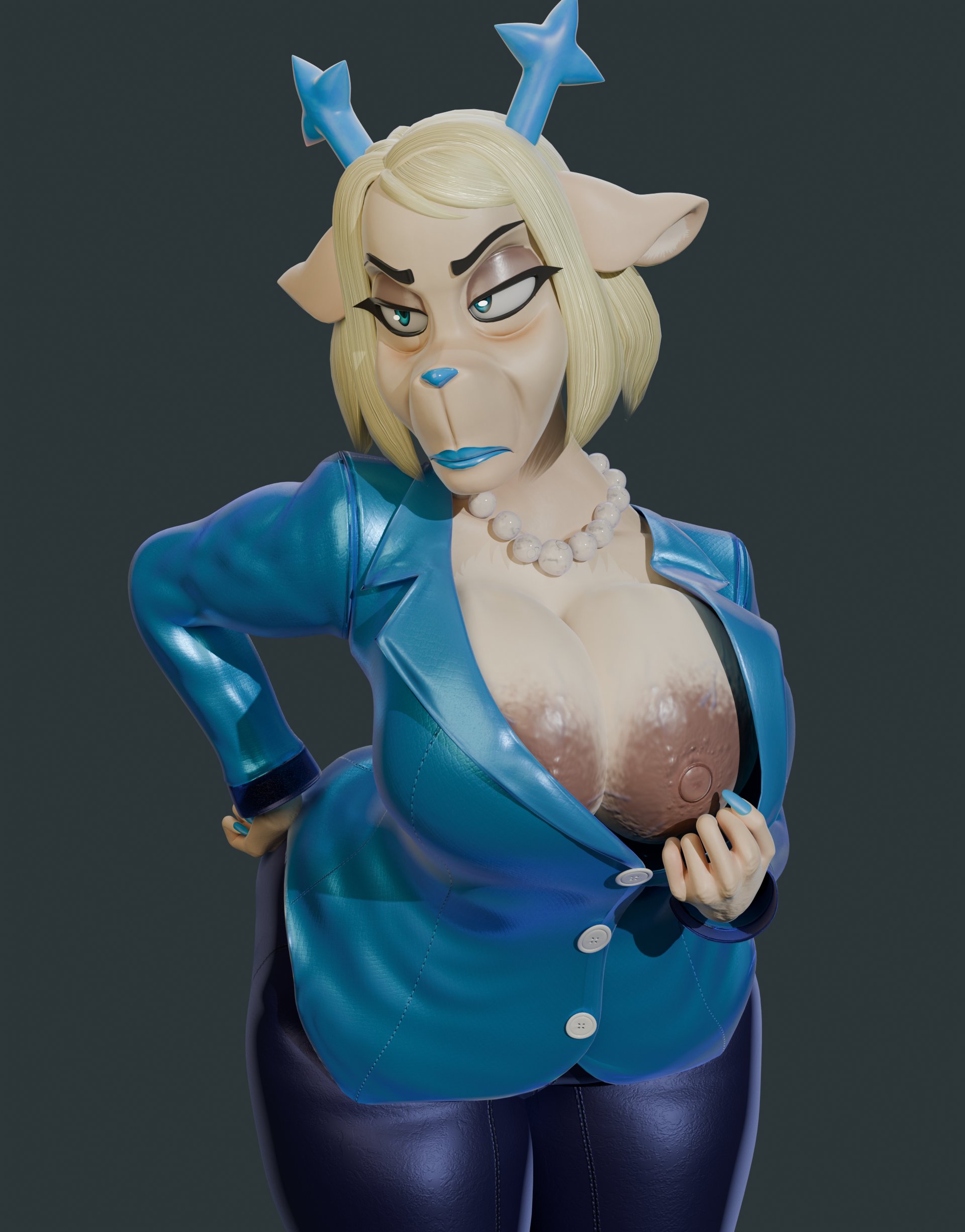 1girls, 3d, 3d (artwork), areola slip, areolae, big breasts, black pants, blonde hair, blue eyes, blue lips, blue lipstick, blue nail polish, blue nails, blue shirt, bottomwear, breast focus, breasts, carol holiday, clothing, deer, deer girl, deltarune, exposed breast, female, female only, hair, half-closed eyes, horns, lips, lipstick, looking to the side, mature, mature female, mature woman, milf, mother, mrstitchface, nail polish, nails, necklace, neckwear, nipples, one breast out, pants, pearl necklace, presenting, presenting breasts, shirt, solo, solo female, thighs, topwear, twilightv0ids (modeler), undertale (series)