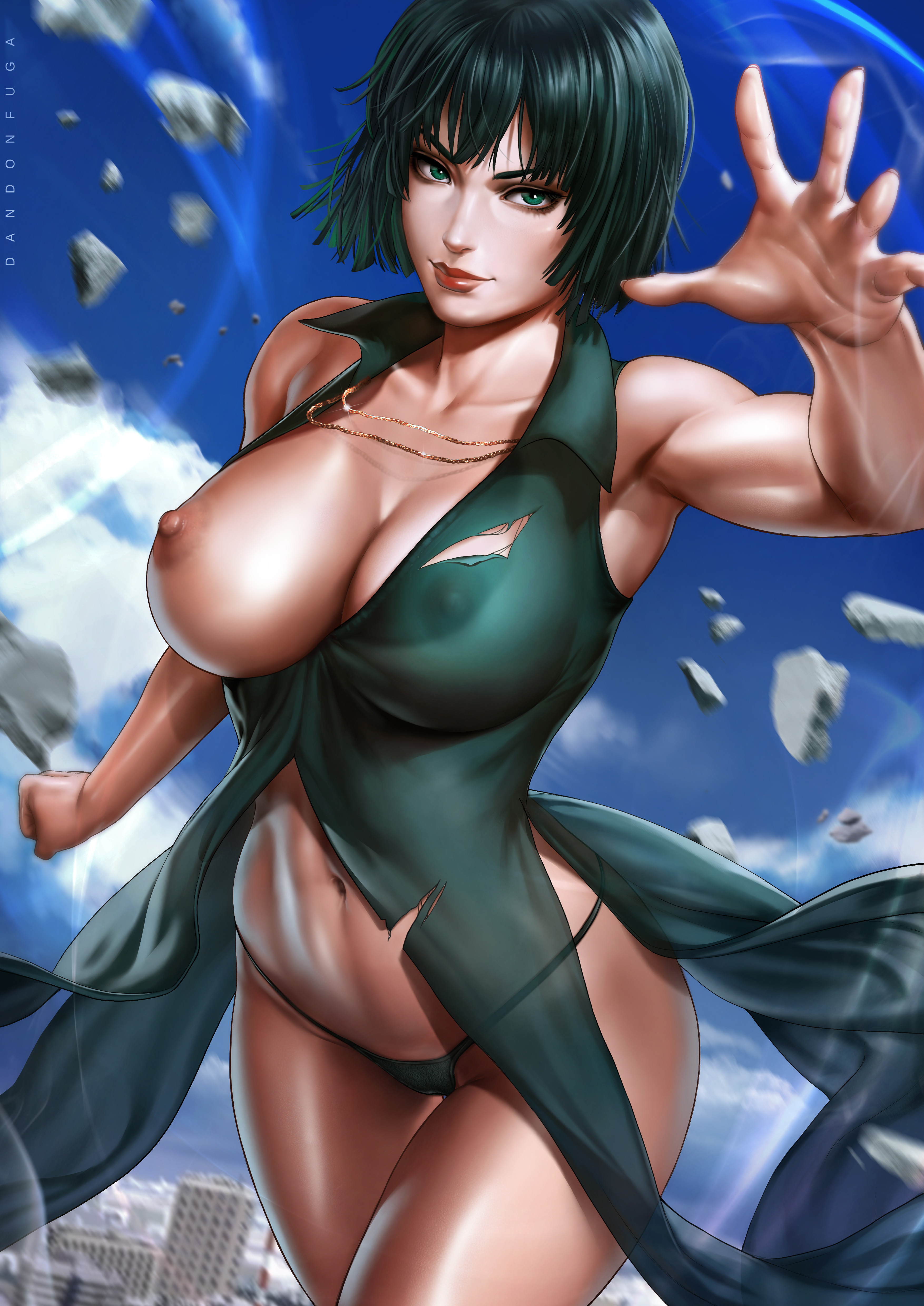 absurdres, adapted costume, armpits, bangs, blue sky, breasts, breasts out, building, cleavage, clenched hand, closed mouth, cloud, dandon fuga, day, debris, dress, female, floating, fubuki (one-punch man), green dress, green eyes, green hair, highres, jewelry, large breasts, looking at viewer, navel, necklace, one-punch man, outstretched hand, paid reward, panties, patreon reward, pinup, see-through, short hair, siblings, sisters, sky, skyline, stomach, telekinesis, thighs, torn clothes, underwear