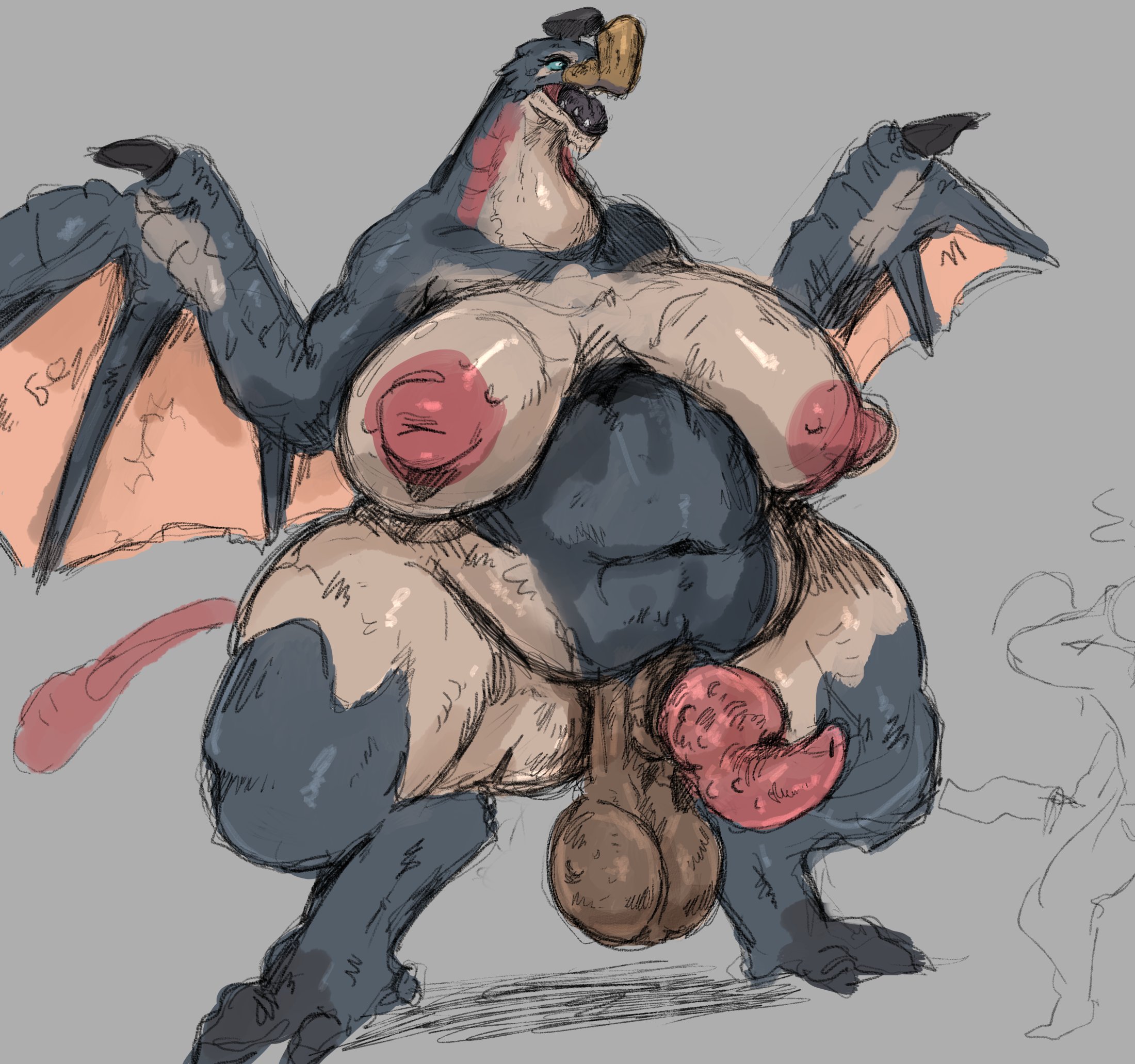 1boy, 1futa, alternate version available, anthro, areolae, ass, ass bigger than head, balls, bbw, becoming erect, big areola, big ass, big balls, big breasts, big butt, big penis, bird wyvern, breasts, breasts bigger than head, breastwizard, bumpy penis, capcom, chubby, chubby futa, curvaceous, curvy, curvy figure, erect nipples, futanari, grey background, gypceros, half-erect, huge ass, huge balls, huge breasts, huge cock, intersex, larger futa, low hanging balls, male, monster hunter, montgomery glands, nipples, nude, open mouth, overweight, overweight futa, penis, pussy, scalie, size difference, smaller male, solo focus, tail, tapering penis, thick thighs, voluptuous, voluptuous futa, wide hips, wings, wyvern