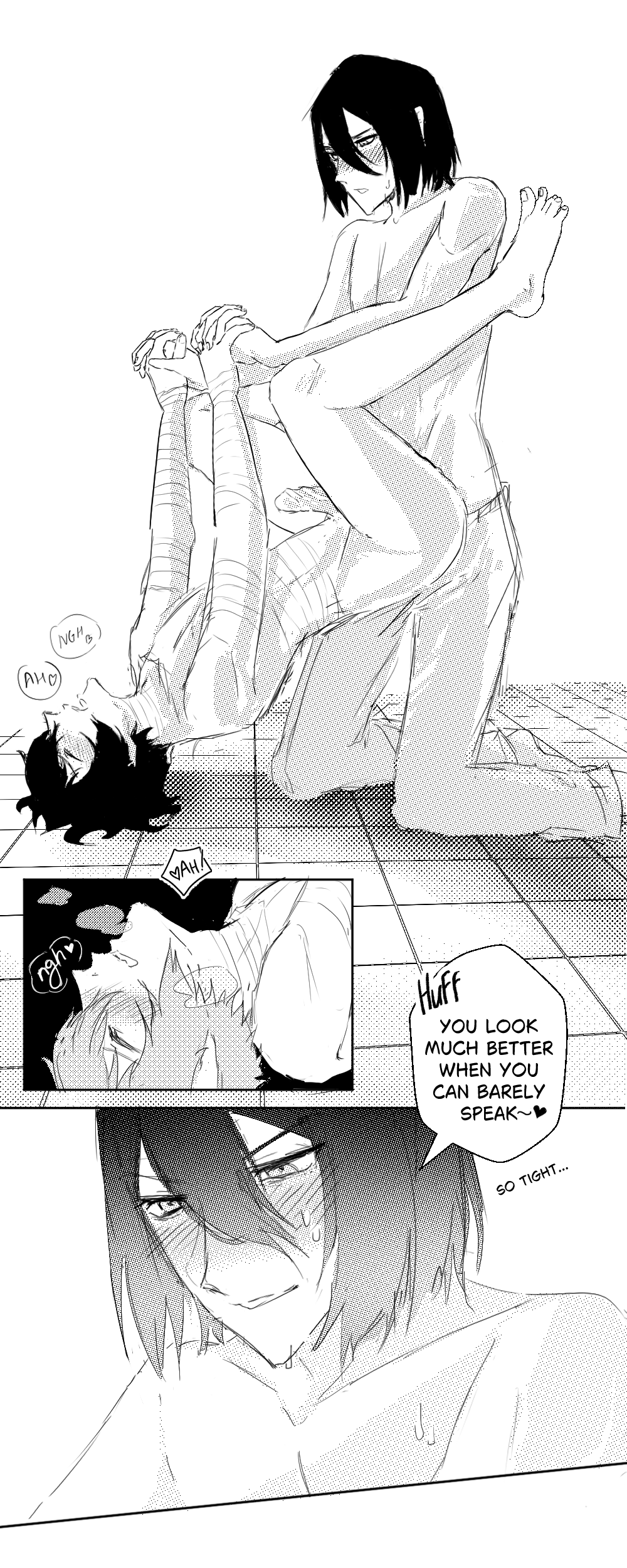 2boys blush breathing_heavily bungo_stray_dogs bungou_stray_dogs closed_eyes doujinshi doujinshi_page enemies_having_sex furrowed_eyebrows fyodor_dostoevsky hard_cock holding_hands holding_hands_while_penetrated huff male moaning moaning_in_pleasure on_floor osamu_dazai pants_on penetration smirk sweat sweating teasing yaoi