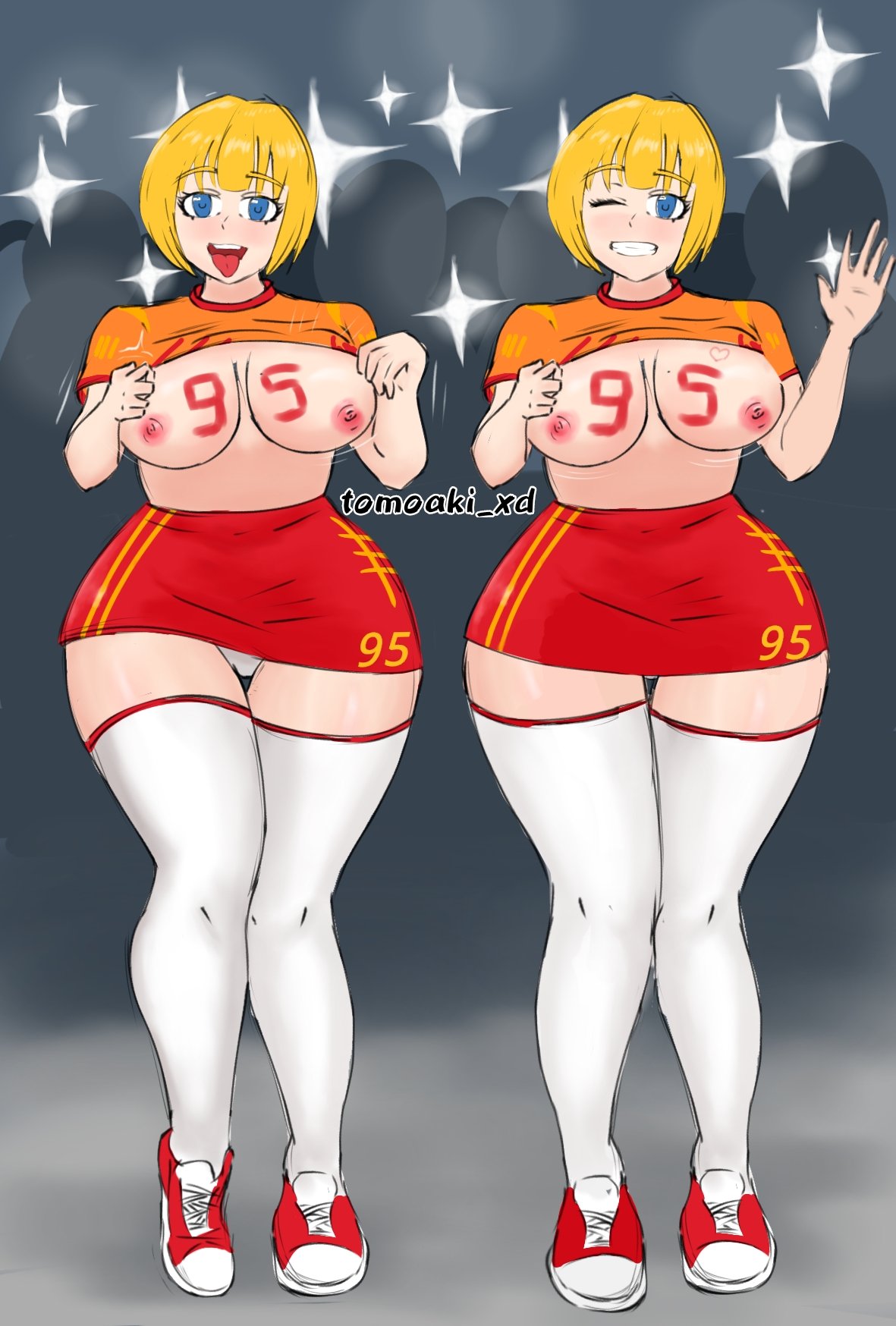 belly big_breasts big_nipples big_thighs big_titties blue_eyes cars_(film) clothing disney female girls humanoid looking_at_viewer mia_(cars) nipples pixar short_hair thigh_highs tia_(cars) tomoaki yellow_hair