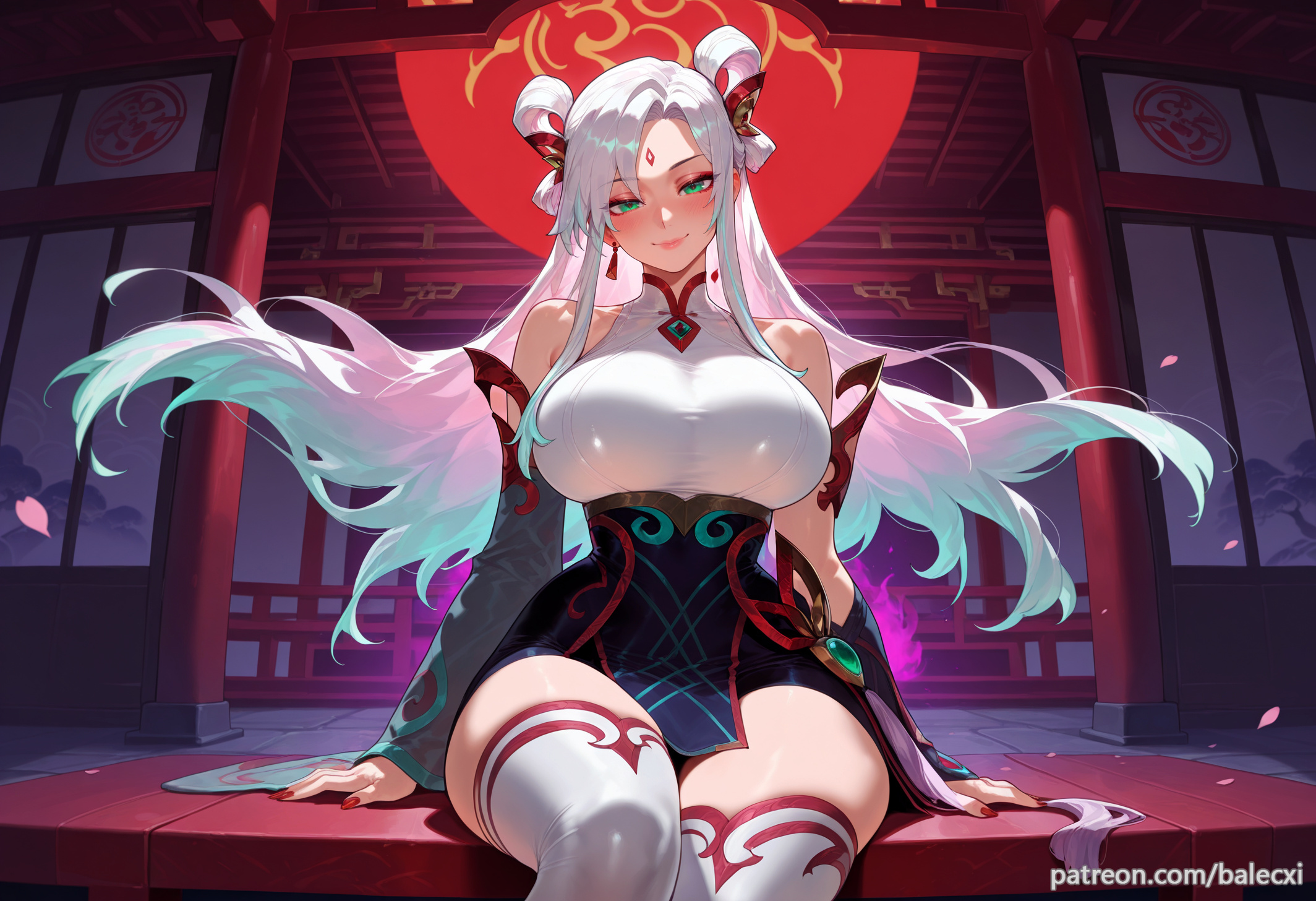 ai generated, balecxi, bare shoulders, breasts, detached sleeves, earrings, female, green eyes, hair ornament, irelia xan, jewelry, large breasts, league of legends, long hair, looking at viewer, multicolored hair, mythmaker irelia, mythmaker series, parted bangs, patreon username, red nails, sitting, smile, solo, thighs, white hair, white thighhighs