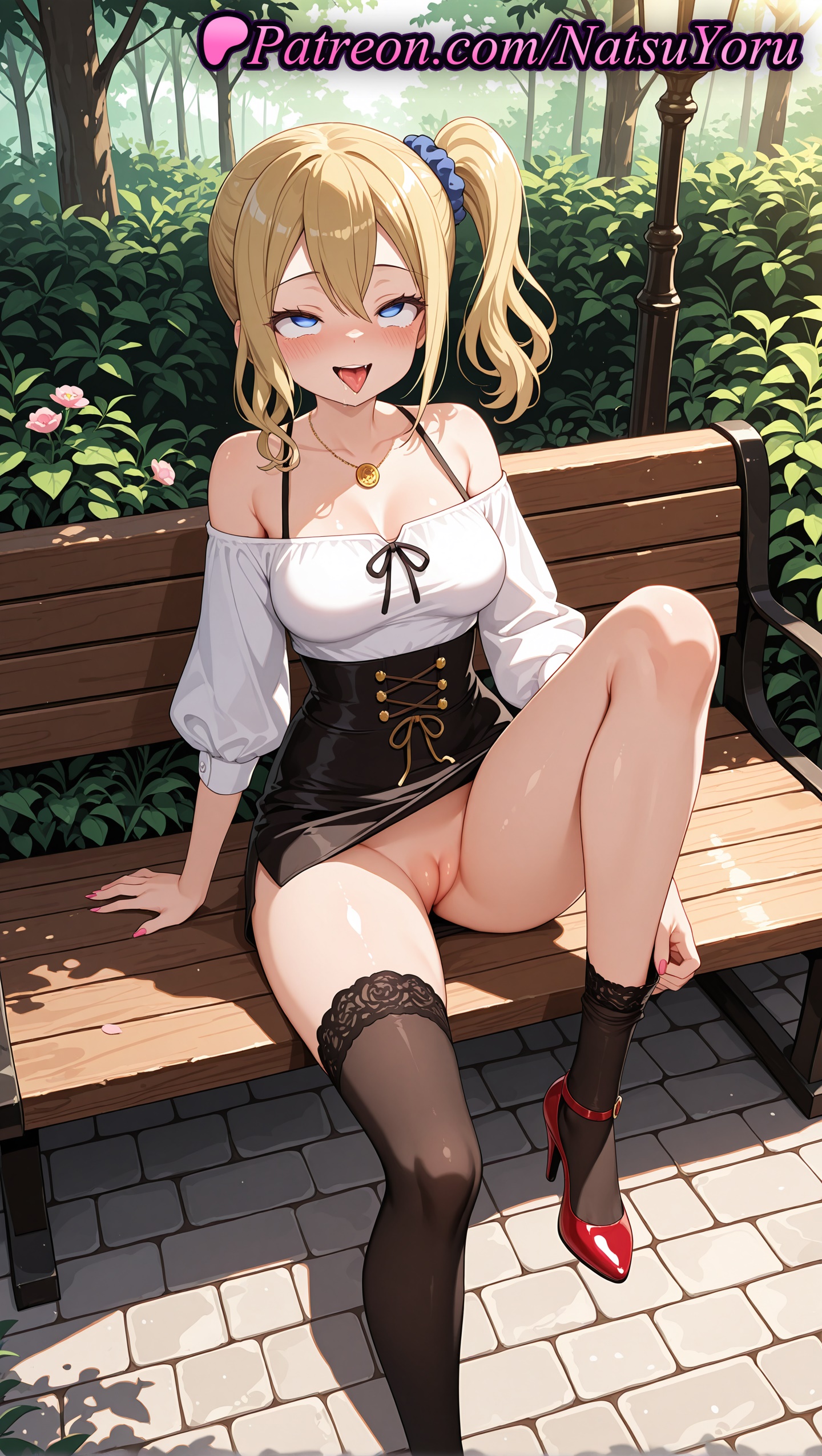 1girls, 2025, ahe gao, ai assisted, ai generated, anime, anime style, arm support, bangs, bare shoulders, bench, black legwear, black skirt, black thighhighs, blonde hair, blouse, blue eyes, blue scrunchie, blush, breasts, brown thighhighs, bush, bust, busty, cleavage, cleft of venus, clothes lift, collarbone, day, exhibitionism, female, female focus, female only, flower, foot out of frame, hair between eyes, hair ornament, hair scrunchie, hayasaka ai, heart, heart necklace, hi res, high heels, high quality, high resolution, high-waist skirt, highres, jewelry, kaguya-sama wa kokurasetai ~tensai-tachi no renai zunousen~, knee up, labia, labia majora, lamppost, large breasts, leg up, legs, long hair, long sleeves, looking at viewer, makeup, medium breasts, miniskirt, nail polish, natsuyoru, naughty face, necklace, no panties, nopan, off shoulder, off-shoulder shirt, on bench, open mouth, outdoors, paipan, park bench, patreon, pencil skirt, pink nails, public indecency, puffy sleeves, pussy, red footwear, rolling eyes, scrunchie, shirt, shoes, side ponytail, sidelocks, single thighhigh, sitting, sitting on bench, skirt, skirt lift, smile, socks, solo, solo female, stable diffusion, thighhighs, thighs, tongue, tongue out, tree, uncensored, underwear, vagina, voluptuous, voluptuous female, white shirt