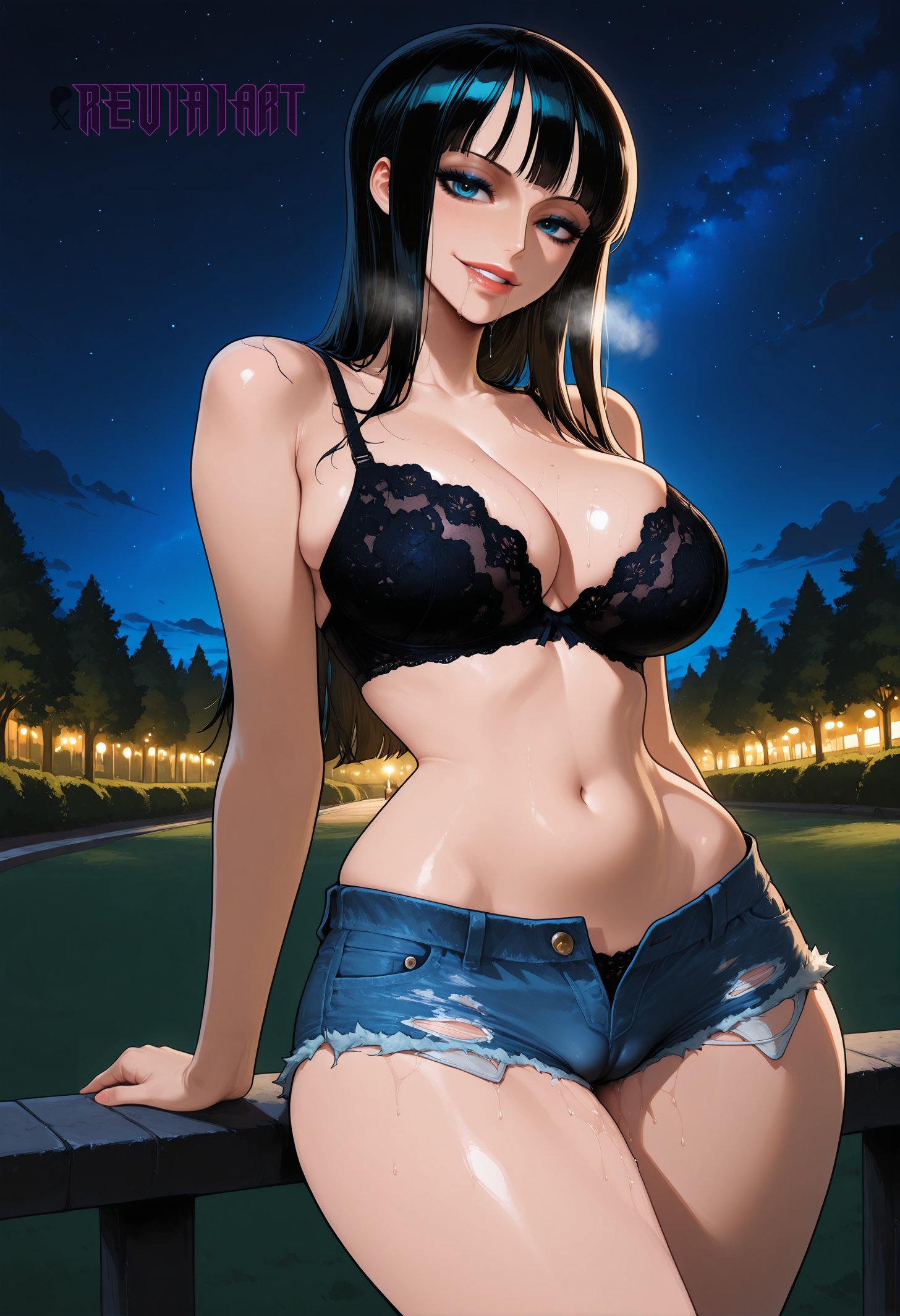 1girls, ai generated, artist name, bangs, big breasts, black hair, blue eyes, bra, breasts, clothing, female, female focus, female only, hi res, high resolution, highres, light skin, light-skinned female, long hair, looking at viewer, nico robin, no shirt, one piece, only female, outdoors, reviaiart, shiny, shiny body, shiny clothes, shiny hair, shiny skin, shorts, smile, smiling, smiling at viewer, steam, steamy, steamy breath, teeth, teeth showing, teeth visible