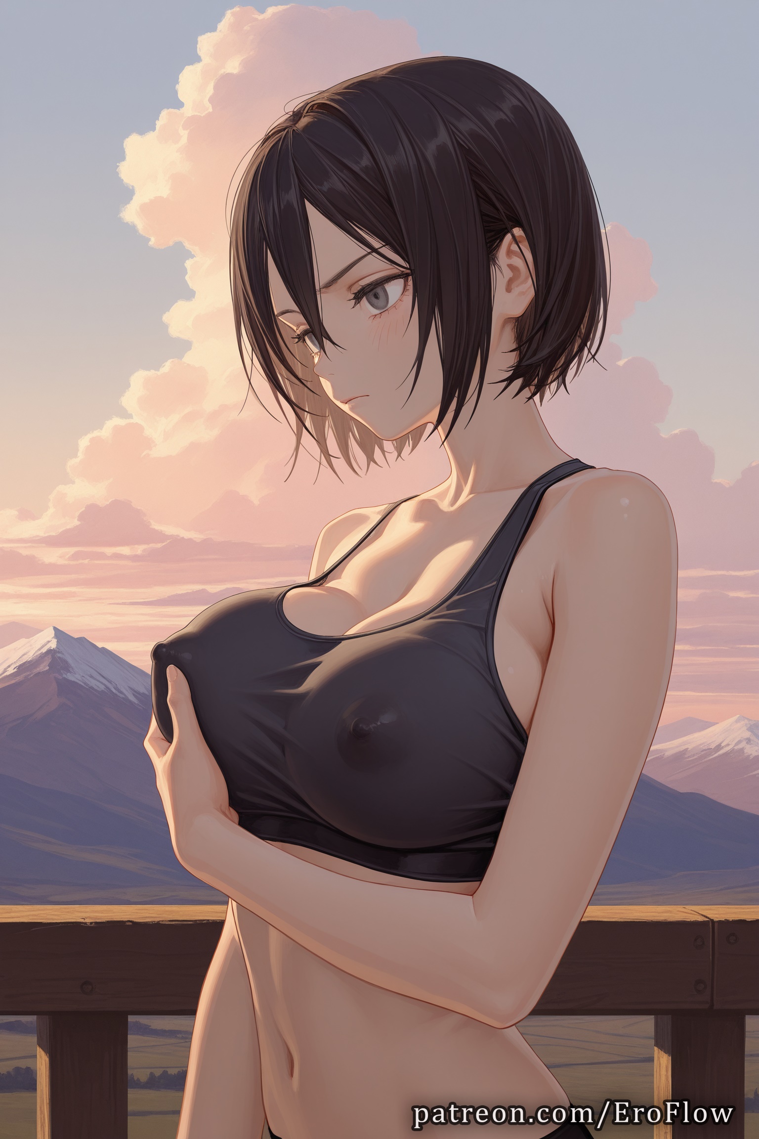 1girls, 2025, ai assisted, ai generated, anime, anime style, artist name, attack on titan, bangs, bare shoulders, black eyes, black hair, black sports bra, blush, breasts, bust, busty, cleavage, closed mouth, clothing, cloud, collarbone, covered nipples, crop top, eroflow, female, female focus, female only, grabbing own breast, grey eyes, hair between eyes, hi res, high quality, high resolution, highres, large breasts, medium breasts, midriff, mikasa ackerman, mikasa ackerman (cosplay), mountain, mountainous horizon, navel, nipples, nipples outside, outdoors, patreon, see-through, shingeki no kyojin, short hair, sky, solo, solo female, sports bra, stable diffusion, standing, stomach, sunset, tank top, uncensored nipples, underwear, upper body, voluptuous, voluptuous female, water, wet, wet clothes