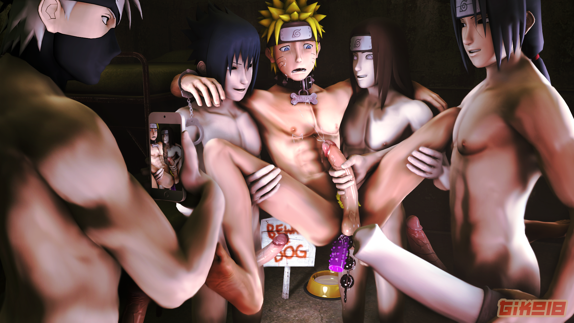 3d, 3d (artwork), anal beads, anal object insertion, animal genitalia, animal penis, black hair, blonde hair, blue eyes, brother, brothers, brown hair, cellphone camera, collar, crying with eyes open, cum on face, cum on self, cum while penetrated, dildo in ass, double penetration, erect nipples, erection, gay, giko18, handcuffs, handjob, hatake kakashi, holding penis, hyuuga neji, legs held open, male, male only, multiple males, multiple penises, naruto, naruto (series), nipples, nude, opaline eyes, penis, sasuke uchiha, source filmmaker, spread legs, tears, uchiha itachi, uncensored, uzumaki naruto, whisker markings, white hair, yaoi