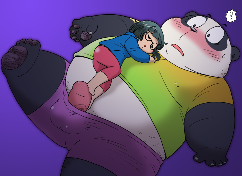 2019 anthro ass balls black_fur blush bottomwear clothing duo eyewear female fur giant_panda glasses hoodie human humanoid_hands male mammal overweight overweight_male penis purple_background shirt shorts simple_background sleeping topwear ursid wantaro white_fur young