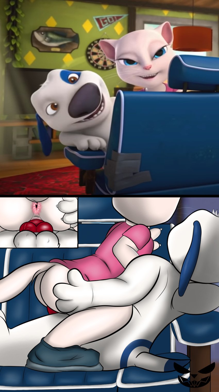 2d 2d_(artwork) animal_genitalia anus ass_grab blue_eyes canine_penis cat dog outfit7 pink_anus pink_shirt red_penis sex_in_dress smile smiling tagme talking_angela talking_friends talking_hank talking_tom_and_friends_(series) tv vaginal vaginal_penetration vaginal_sex white_body