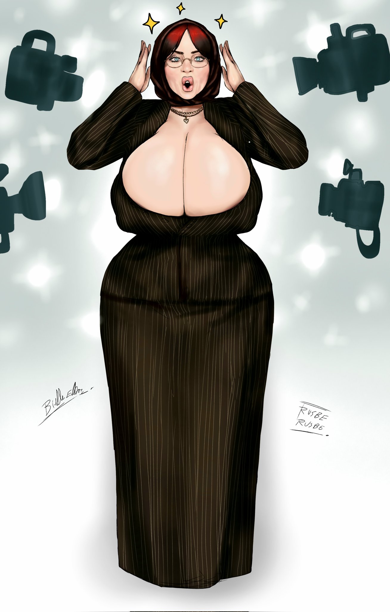 1girls, big breasts, billie eilish, black hair, blue eyes, breasts, celebrity, cleavage, female, female only, glasses, huge breasts, massive breasts, necklace, nipple bulge, real person, red hair, rusbe rusbe, solo, two-tone hair