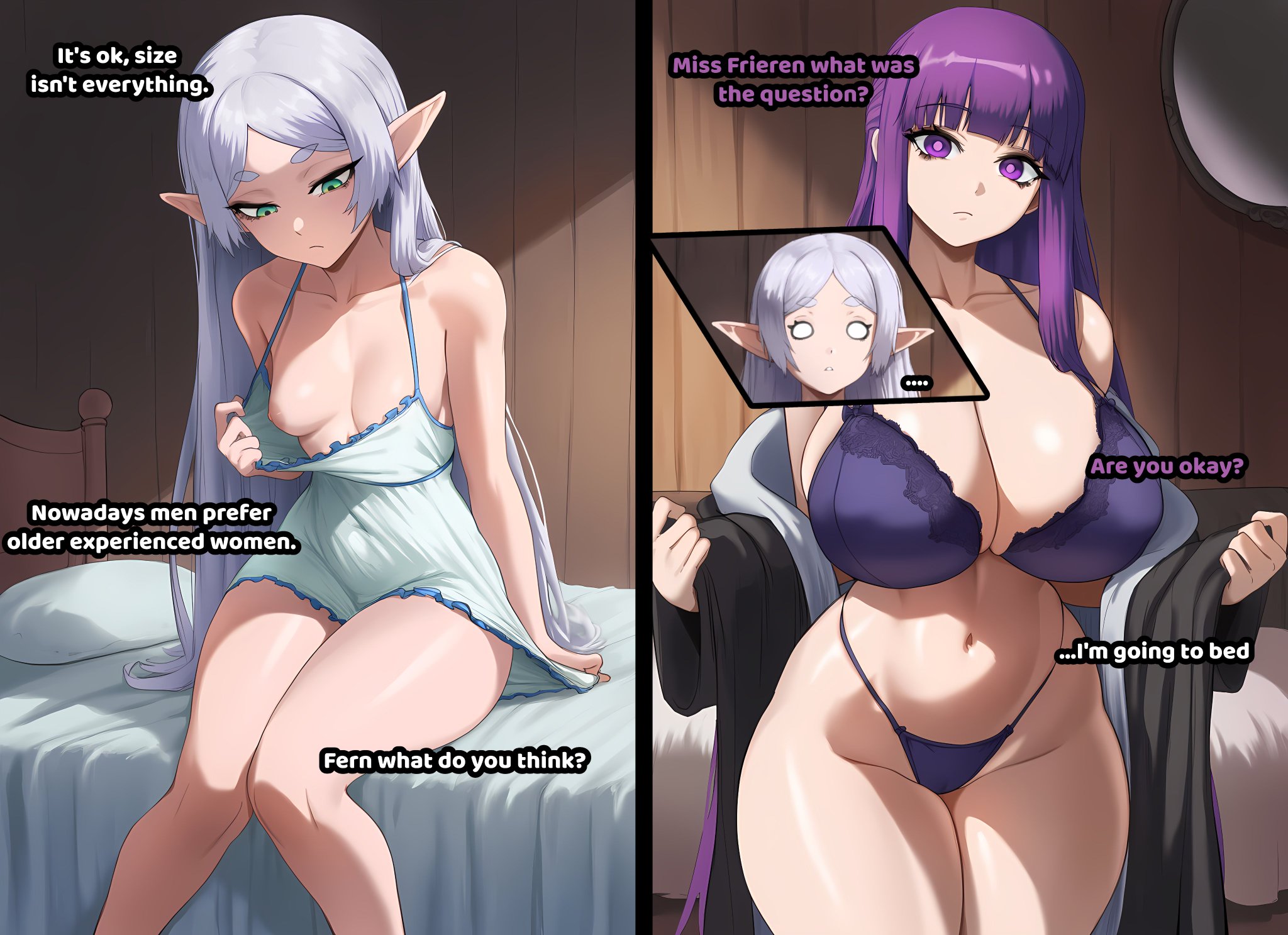 2girls, ai generated, bare arms, bare breasts, bare legs, bare shoulders, bare thighs, big breasts, bra, breasts, clothed, clothing, color, elf, elf ears, elf female, english text, female, female only, fern (sousou no frieren), frieren, frieren beyond journey's end, hi res, large breasts, light skin, light-skinned female, long hair, luckypathai, multiple females, multiple girls, nipples, panties, purple eyes, purple hair, size difference, sousou no frieren, text, thick thighs, underwear, white hair