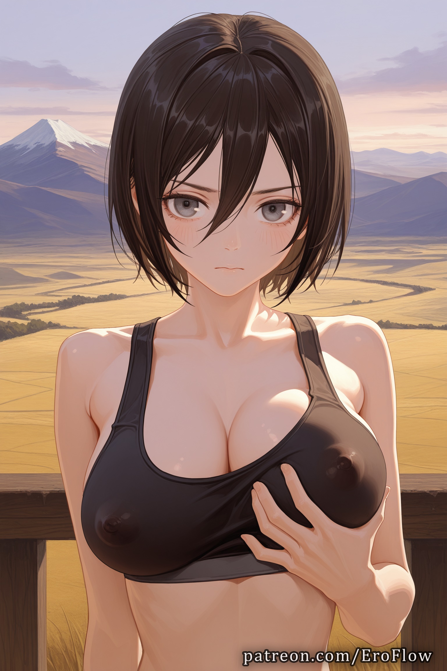 1girls, 2025, ai assisted, ai generated, anime, anime style, artist name, attack on titan, bangs, bare shoulders, black eyes, black hair, black sports bra, blush, breast lift, breasts, bust, busty, cleavage, closed mouth, clothing, collarbone, covered nipples, eroflow, female, female focus, female only, grabbing own breast, grey eyes, hair between eyes, hi res, high quality, high resolution, highres, large breasts, looking at viewer, mikasa ackerman, mikasa ackerman (cosplay), mountain, mountainous horizon, navel, nipples, nipples outside, non-asian, outdoors, patreon, see-through, shingeki no kyojin, short hair, sky, solo, solo female, sports bra, stable diffusion, sunset, uncensored nipples, underwear, upper body, voluptuous, voluptuous female