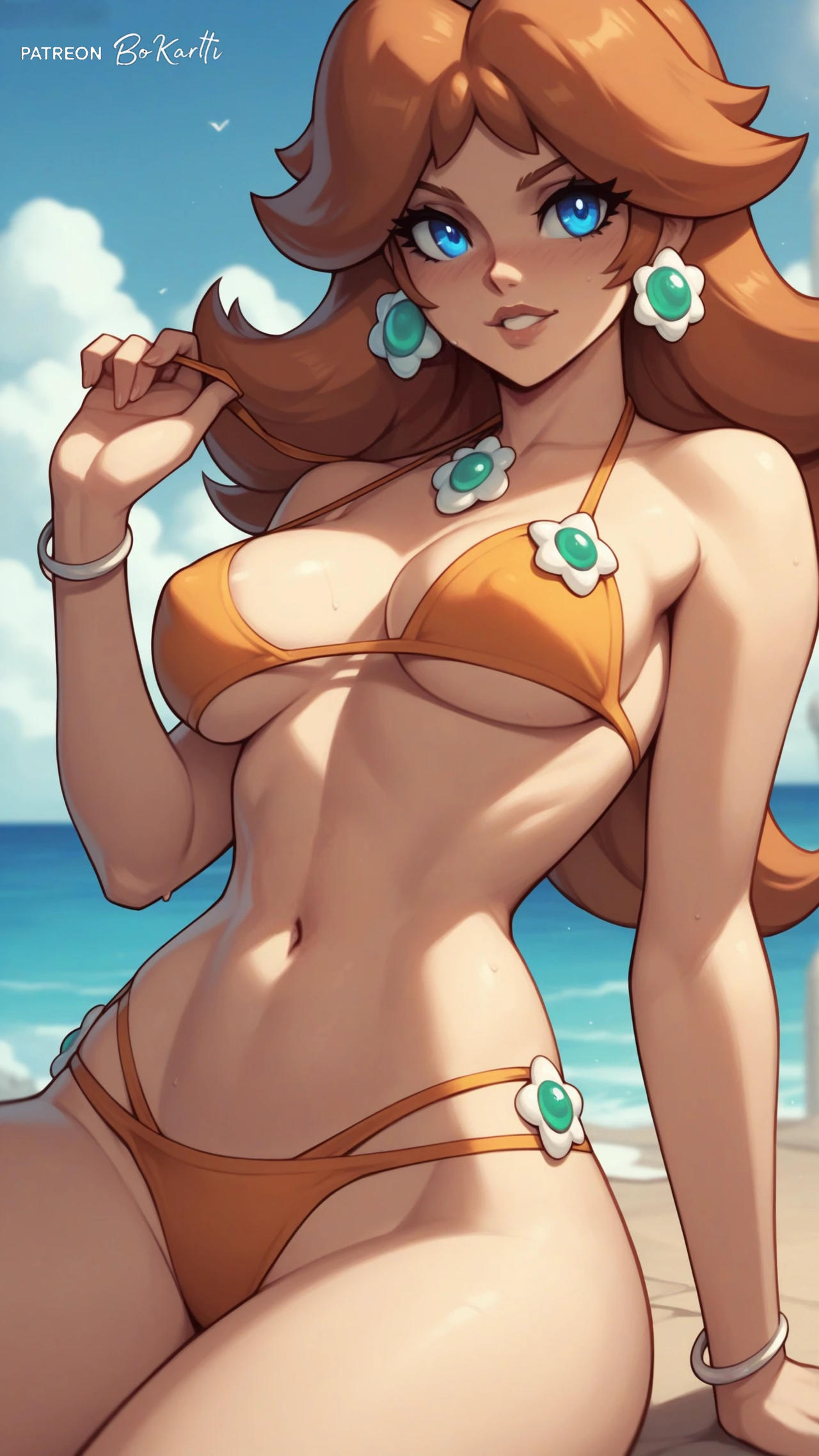 1girls 2025 ai_generated beach blue_eyes bokartti bracelet bracelets deviantart female flower_bikini hand_on_sand looking_at_viewer mario_(series) meta nintendo orange_bikini orange_hair princess_daisy sitting sitting_on_sand smile_at_viewer super_mario_bros. white_bracelet