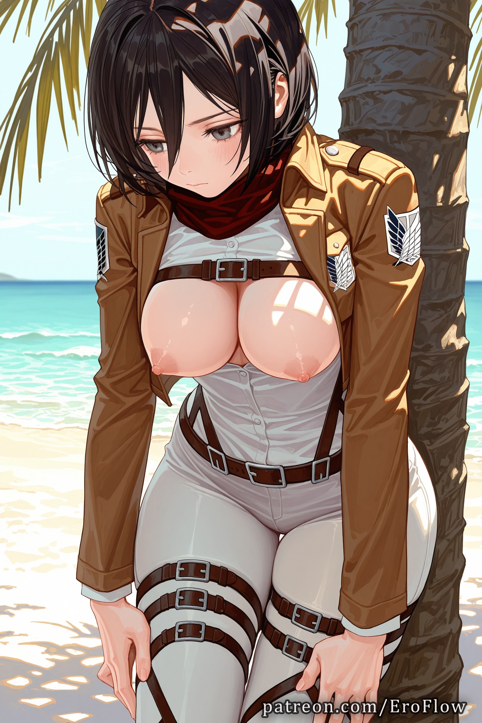 1girls, 2025, against tree, ai assisted, ai generated, anime, anime style, areolae, artist name, attack on titan, bangs, beach, belt, black eyes, black hair, blue sky, blush, boots, breasts, breasts out, brown belt, brown jacket, buckle, bust, busty, closed mouth, clothing, cowboy shot, cropped jacket, day, emblem, eroflow, female, female focus, female only, grey eyes, hair between eyes, hi res, high quality, high resolution, highres, horizon, jacket, large breasts, leaning forward, long sleeves, looking at viewer, looking down, makeup, medium breasts, mikasa ackerman, mikasa ackerman (cosplay), nipples, nipples outside, no bra, non-asian, ocean, open clothes, open jacket, open shirt, outdoors, palm tree, pants, paradis military uniform, patreon, red scarf, sand, scarf, shingeki no kyojin, shirt, short hair, sky, solo, solo female, stable diffusion, standing, sunlight, survey corps (emblem), thigh gap, thigh strap, thighs, tree, uncensored nipples, voluptuous, voluptuous female, water, white pants, white shirt