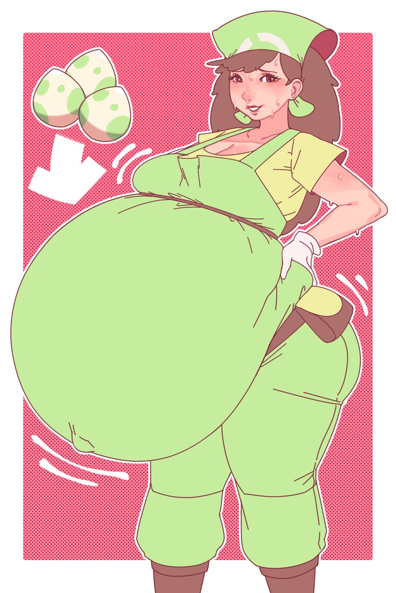 1girls, bbw, belly, big belly, breasts, brown hair, brunette, clothed, clothed female, eggs, female, female focus, female only, fully clothed, huge belly, hyper belly, hyper pregnancy, kafekafei, maternity clothes, pokemon, pokemon breeder (pokemon), pokemon egg, pregnant, sweat, sweating, sweaty