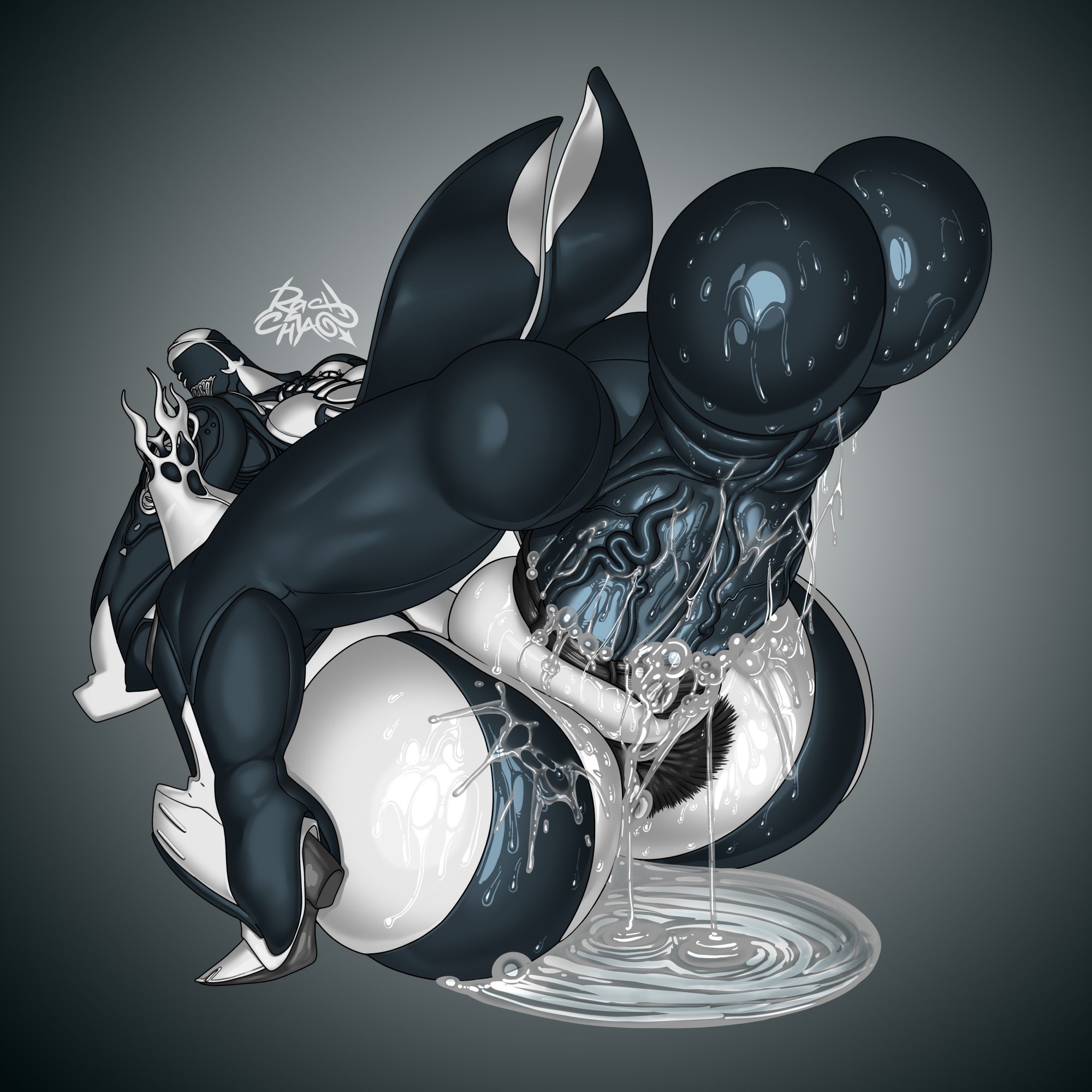 1boy, 1girls, ass, commission, cum, cum in pussy, cum inside, cum puddle, deep penetration, fat pussy, female, huge ass, huge cock, hyper genitalia, hyper penis, limbo (warframe), male, male on female, mating press, penis, plump labia, pussy, rashchaos, vaginal juices, warframe, wisp (warframe)