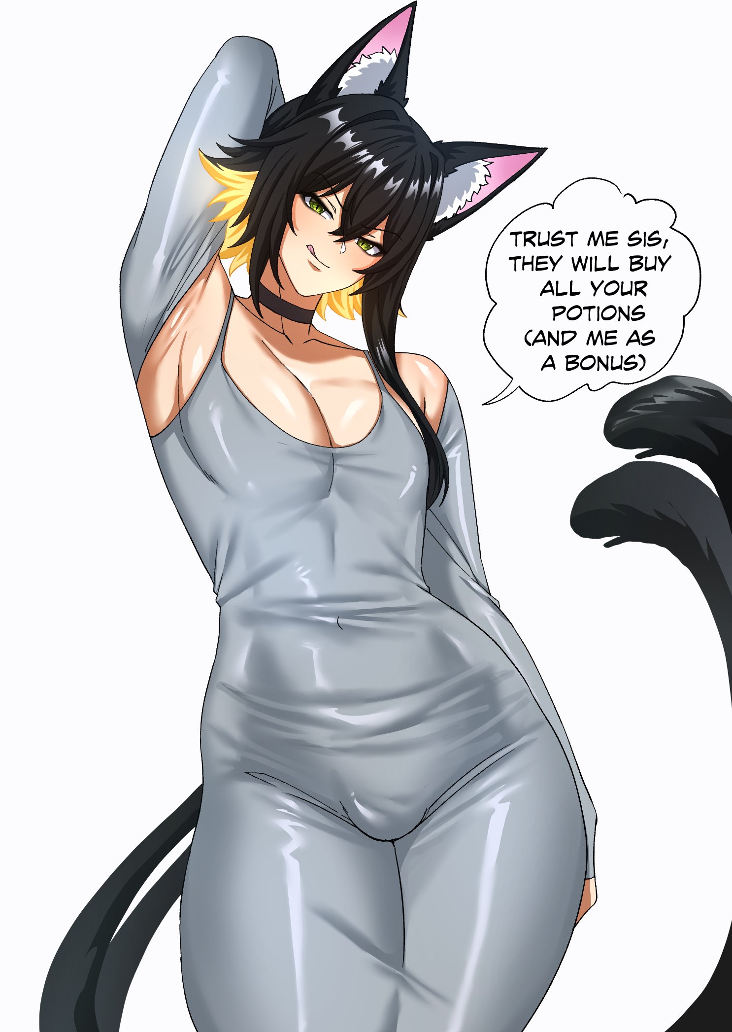 1boy, 2020s, 2025, 2d, 2d (artwork), armpits, black choker, blush, bulge, cat boy, cat ears, cat tail, catboy, child bearing hips, choker, clothing, curvy, curvy body, curvy figure, dialogue, dongtan dress, dress, ear tuft, english, english text, eyebrows, eyelashes, femboy, forked tail, gay, hi res, highres, hips, human only, light skin, light-skinned male, long hair, looking at viewer, low-angle view, male, male focus, male only, original, original character, pinup, rui (ryuukusnpaiarts), ryuukusnpaiarts, simple background, slim male, slim waist, solo, solo male, tight dress, toned, toned stomach, twink, white background, wide hips