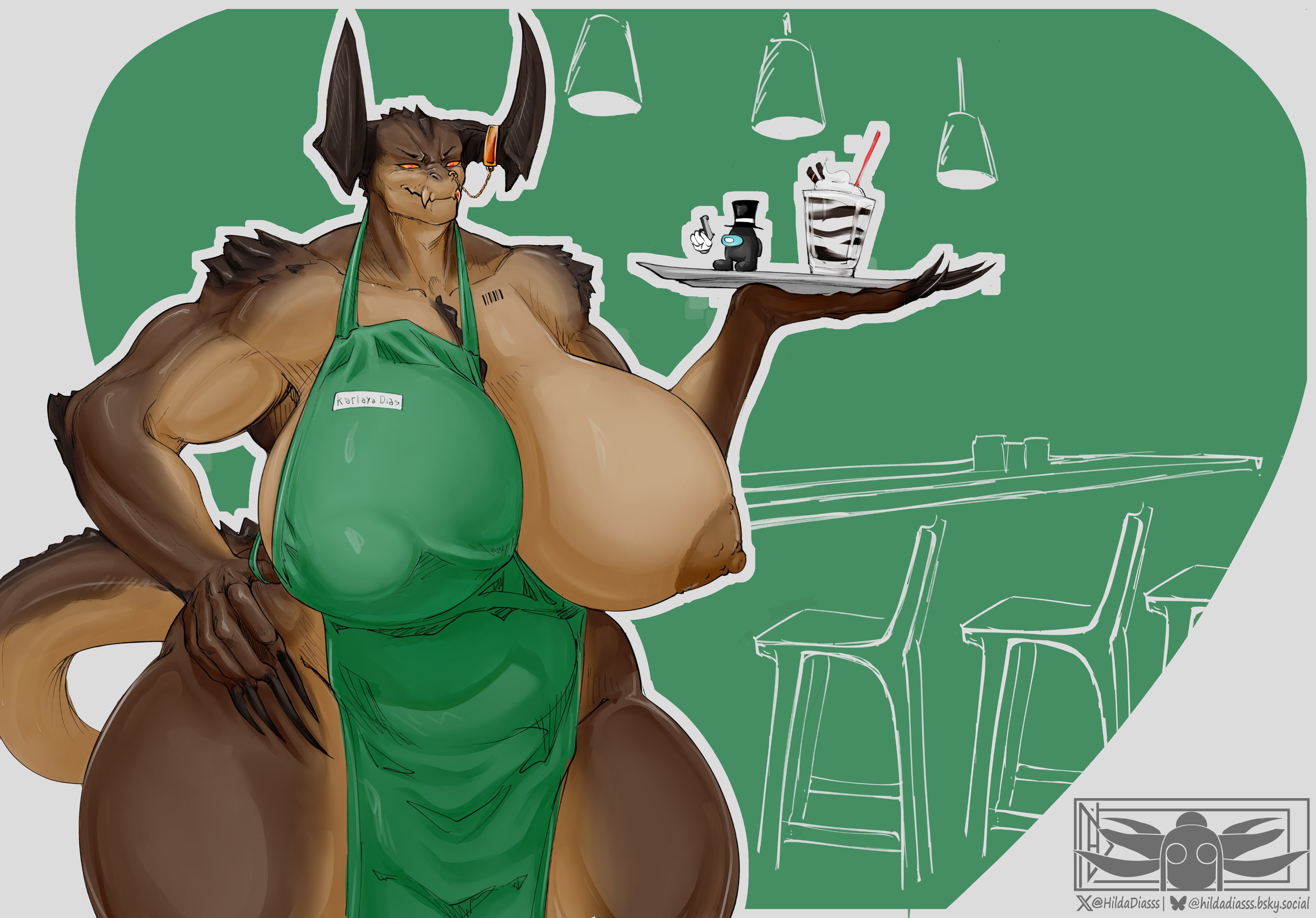 1girls, 2020s, 2025, 2d, 2d (artwork), anthro, anthro only, areola, areolae, ass, barcode, barcode tattoo, barely clothed, barista, bethesda softworks, big ass, big breasts, big butt, breasts, child bearing hips, claws, cleavage, clothing, clothing aside, curvy, curvy body, curvy female, curvy figure, deathclaw, eyebrows, eyelashes, fallout, female, female focus, furry, furry female, furry only, hand on hip, hi res, highres, hildadiasss, hips, huge breasts, hyper breasts, jewelry, large ass, large breasts, long claws, mammal, muscular, muscular female, nipple bulge, nipples, nude, nude female, practically nude, red eyes, scales, scalie, sharp teeth, smile, smiling, solo, solo female, waitress, wardrobe malfunction, wide hips