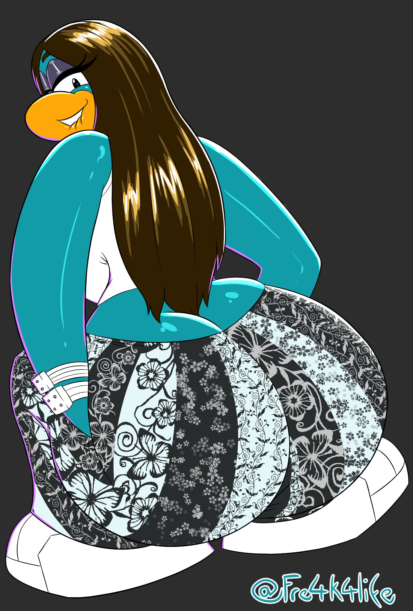 2025, 2d, 2d (artwork), 2d artwork, anthro, ass, avian, back view, beak, big ass, big booty, big butt, bird, bird girl, biting lip, biting own lip, brown hair, bubble ass, bubble booty, bubble butt, club penguin, digital art, digital drawing (artwork), digital media (artwork), disney, eyebrows, eyelashes, fat ass, fat booty, fat butt, female, flare pants, forbidden pants, fre4k4life, furry, furry female, looking back, orange beak, penguin, penguin girl, phat ass, phat booty, phat butt, white shoes, zendaya