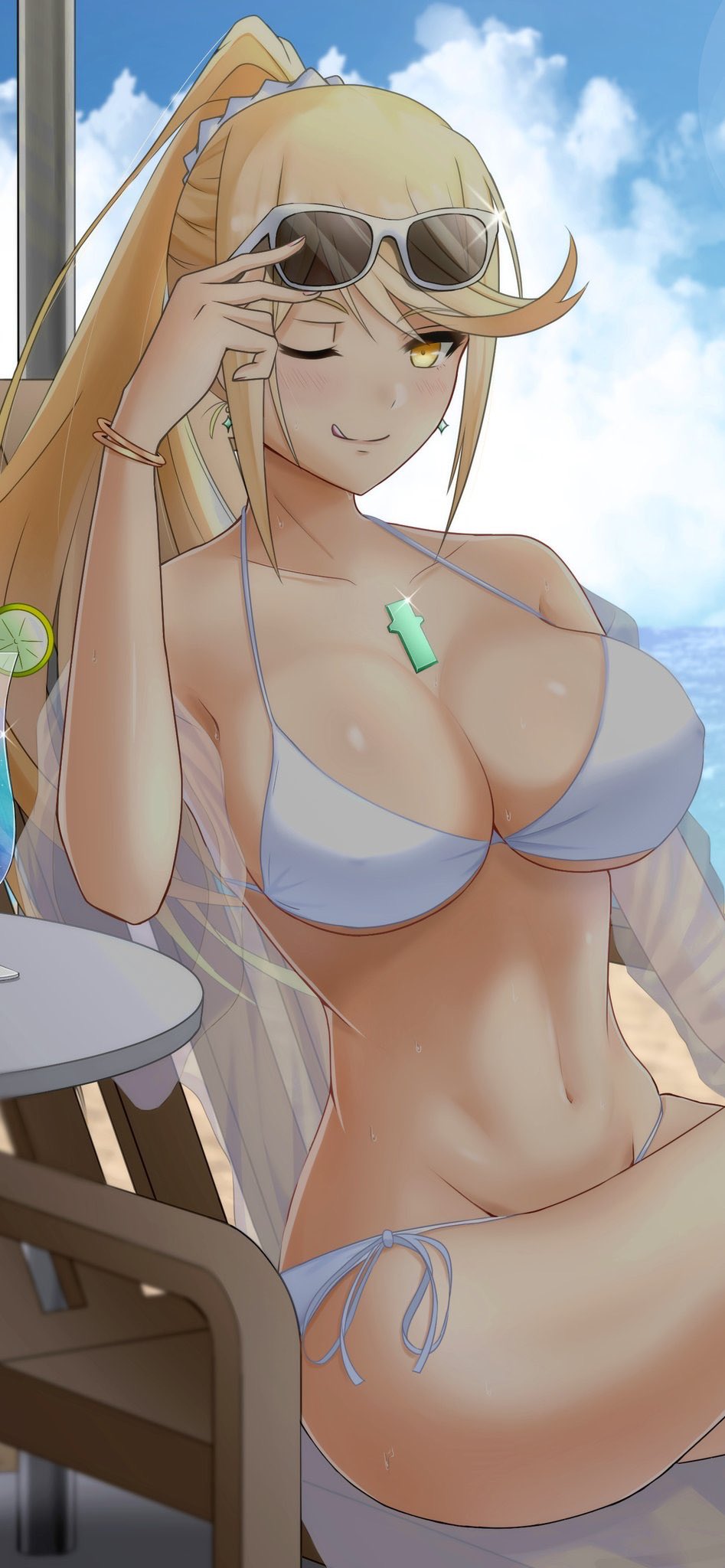 1girls adjusting_glasses alternate_costume arm_up bangs beach big_sister bikini blonde_hair blush breasts chair cleavage cloud cup earrings eyebrows_visible_through_hair female food fruit glowing jewelry juice large_breasts lemon long_hair looking_at_viewer mebi_(mebieru) mebi_il milf mythra_(xenoblade) navel nintendo ocean one_eye_closed onee-chan ponytail pose sand sea shadow shiny shiny_skin sitting sky solo sunglasses swept_bangs swimsuit table tongue tongue_out umbrella wet white_bikini xenoblade_(series) xenoblade_chronicles_2 yellow_eyes