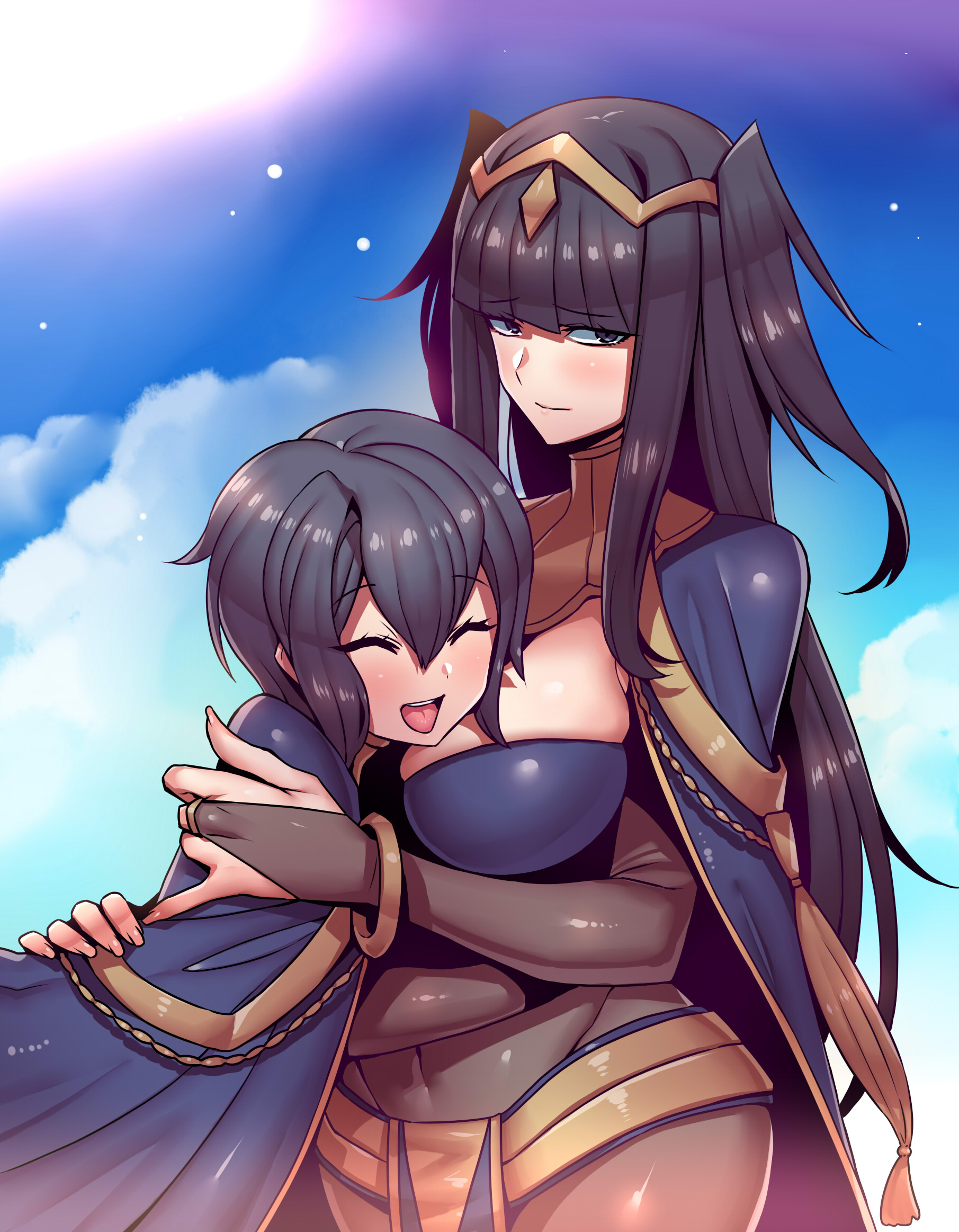 2girls, black hair, blush, breasts, bridal gauntlets, cleavage, closed eyes, cloud, female, fire emblem, fire emblem awakening, highres, hug, large breasts, long hair, milf, morgan (fire emblem), morgan (fire emblem) (female), mother and daughter, multiple females, multiple girls, nintendo, open mouth, raised eyebrows, see-through bridal gauntlets, short hair, skin tight, smile, tharja (fire emblem), tukiwani