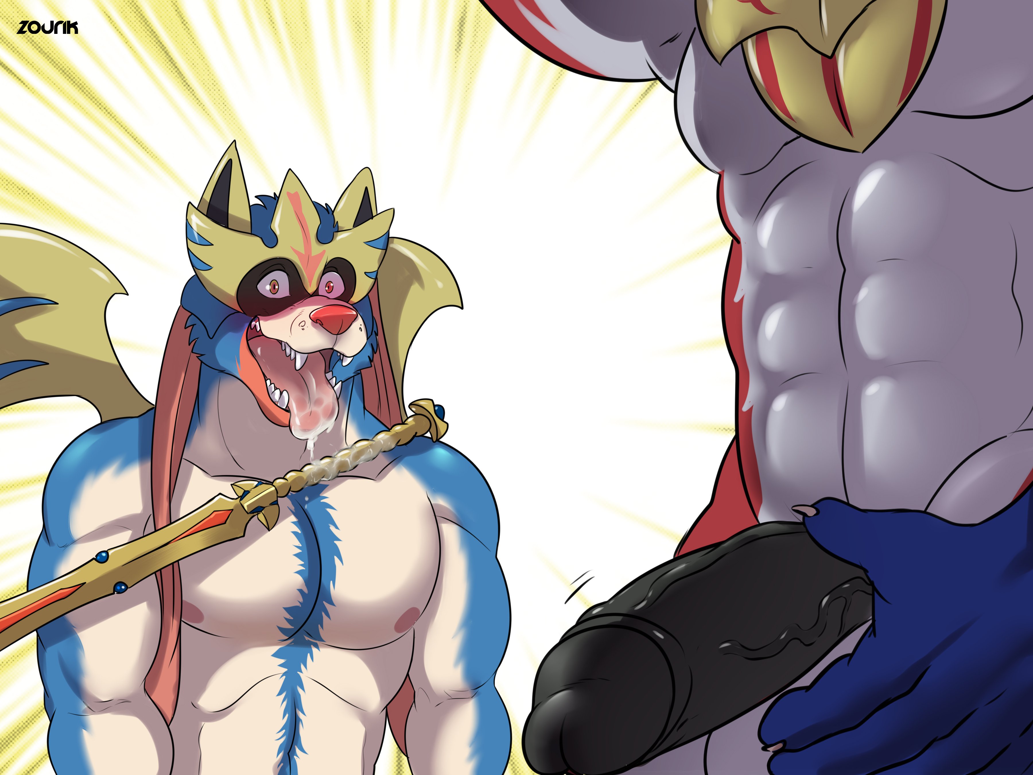 2019, 2boys, 4:3, abs, absurd res, anthro, anthrofied, armpits, balls, bara, black penis, canine, drooling, excited, furry, gay, gay male, hi res, humanoid penis, humor, imminent sex, legendary pokemon, lust, male, male only, mammal, muscular, muscular male, nintendo, nipples, no nipples, nude, pecs, penis, penis awe, pokémon (species), pokemon, pokemon (species), pokemon ss, presenting penis, saliva, simple background, source request, testicles, text, tongue, uncensored, veins, video games, watermark, weapon, yaoi, zacian, zamazenta, zourik