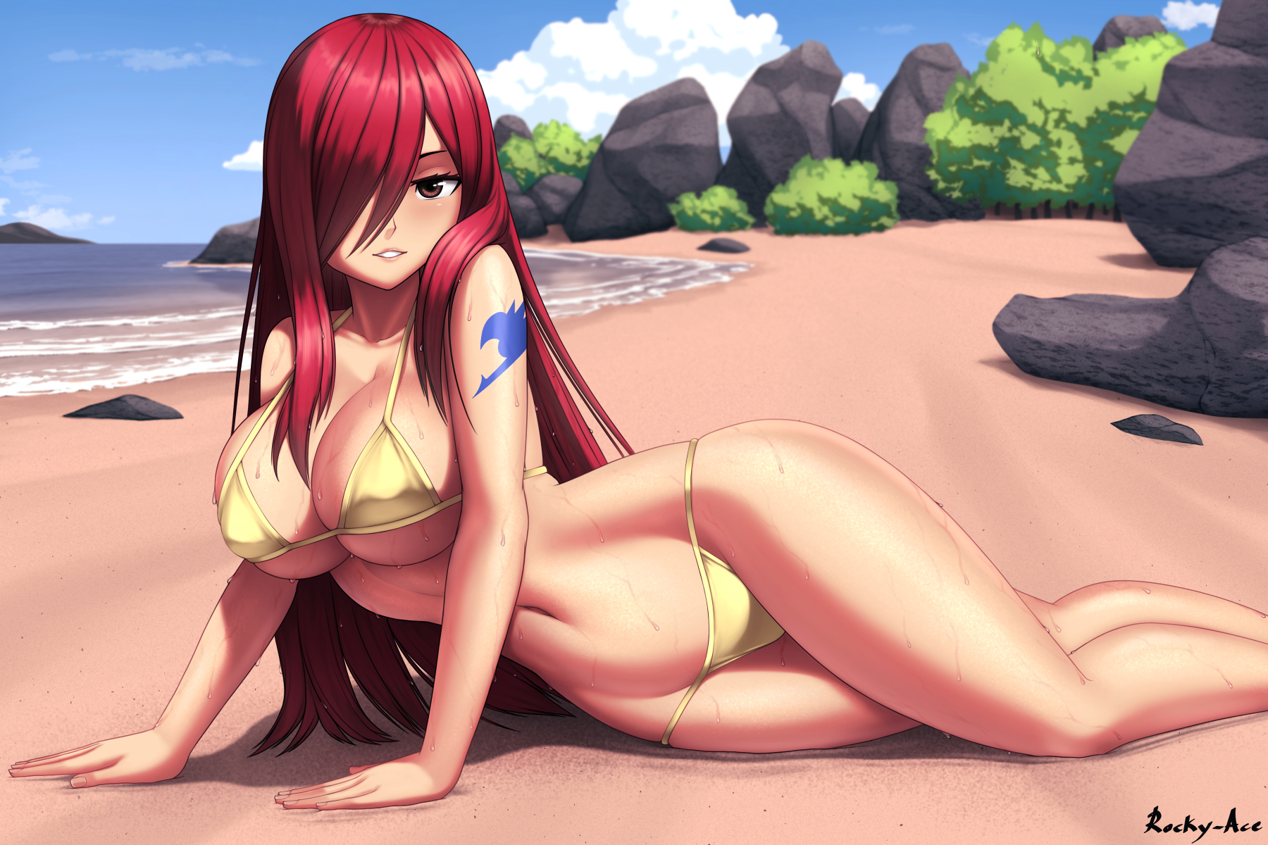 1girls, arm tattoo, beach, big breasts, bikini, blue tattoo, breasts, brown eyes, curvaceous, curvy, curvy figure, detailed background, erza scarlet, fairy tail, fairy tail mark, female, female only, gold bikini, hair over one eye, highres, hourglass figure, light skin, light-skinned female, long hair, looking at viewer, lying, outdoors, parted lips, red hair, red-haired female, rocky-ace, seductive, seductive eyes, seductive pose, solo, tattoo, twitter link, twitter username, wet, wet body
