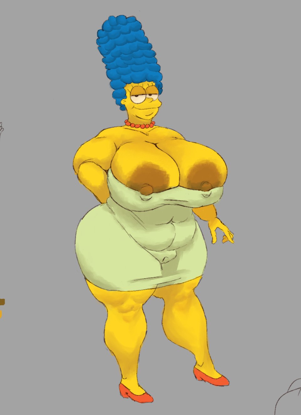 1girls, areola slip, bbw, blue hair, breasts, cleavage, female, green dress, huge belly, huge breasts, marge simpson, pearl necklace, solo, solo focus, sykotikfuckerr, the simpsons, wide hips, yellow body