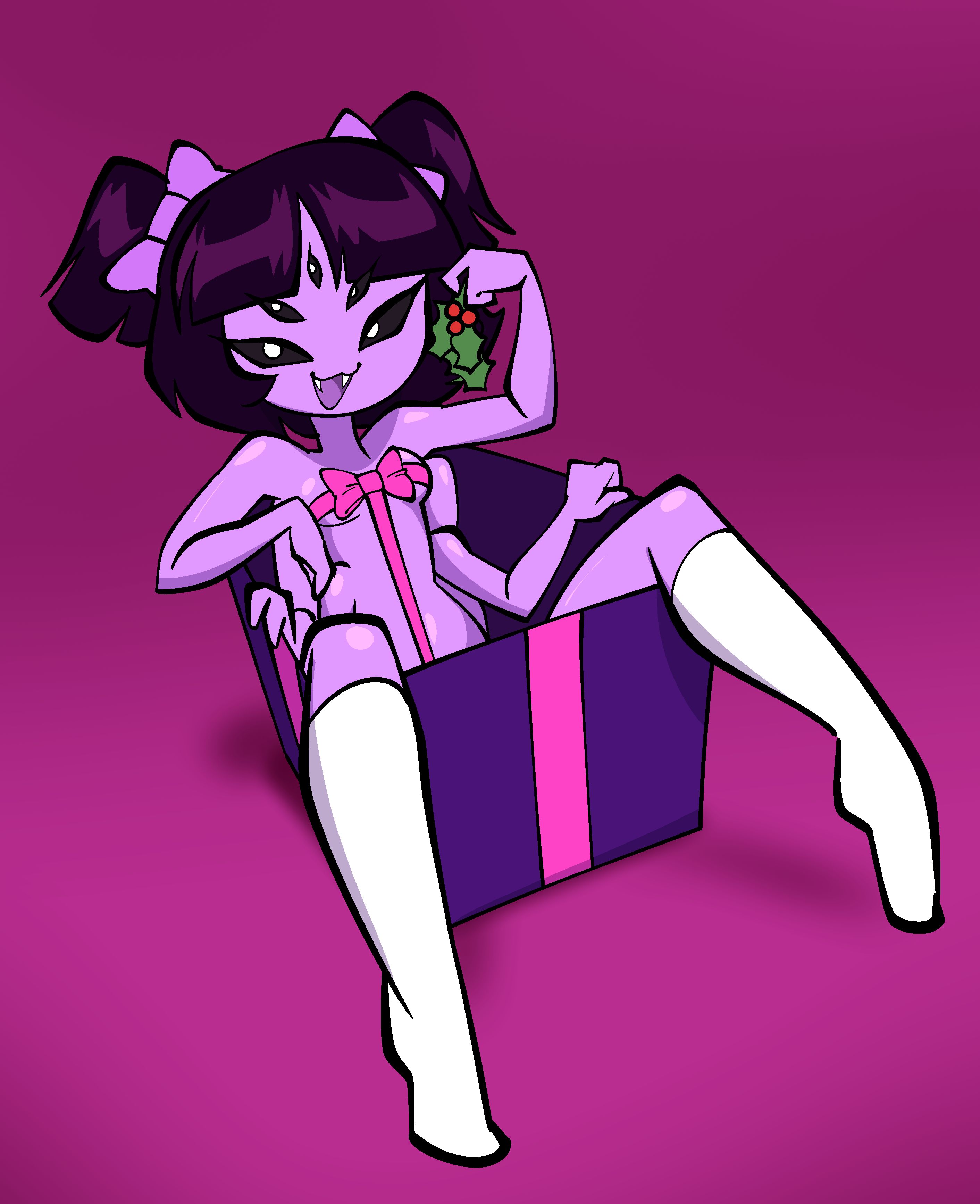 christmas, christmas present, jek korpen, muffet, multiple arms, multiple eyes, pigtails, ribboned body, socks, spider girl, spider humanoid, tagme, undertale, undertale (series)