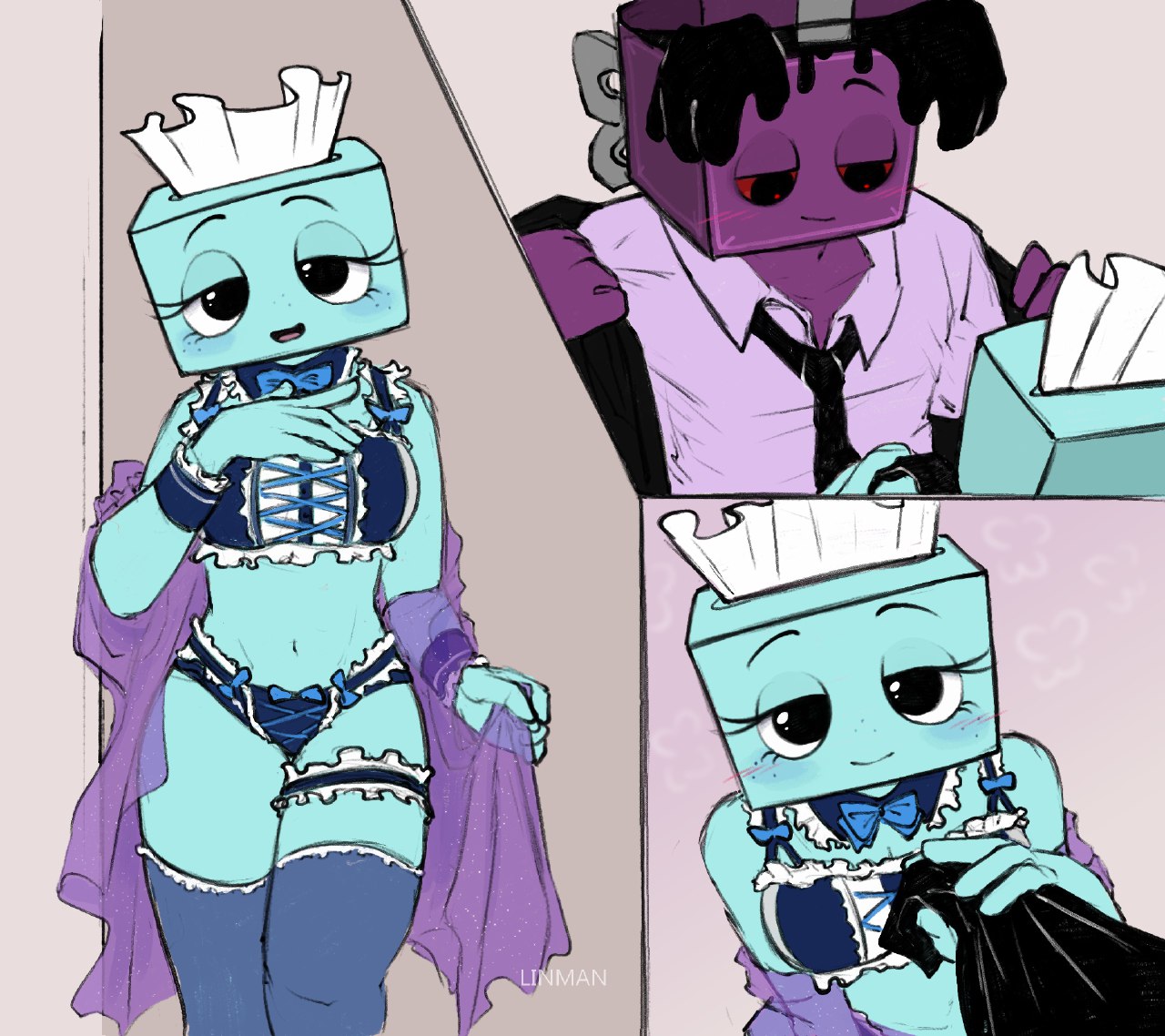 1boy, 1girls, armbands, arms in box, black arms, black eyes, blue armbands, blue body, blue bra, blue bracelets, blue ribbon, blue ribbons, blue skin, blue stockings, blush, bra, clothed, dandy's world, dark eyes, drip, dripping, dripping goo, female, female/male, flirt, flirting, flirty, foreplay, foreplaying, half-closed eyes, linman, looking at another, looking at viewer, looking from below, looking up, male, male/female, music box, no text version, panties, pulling clothes, pulling clothing, purple robe, purple skin, rectangle head, red sclera, ribbon panties, robe, ruffled armbands, ruffled bra, ruffled braclets, ruffled clothing, ruffled collar, ruffled panties, ruffles, sexy clothing, simple background, square head, straight, textless version, tisha (dandy's world), tissue box, transparent clothing, transparent robe, twisted boxten (dandy's world), underwear, white shirt