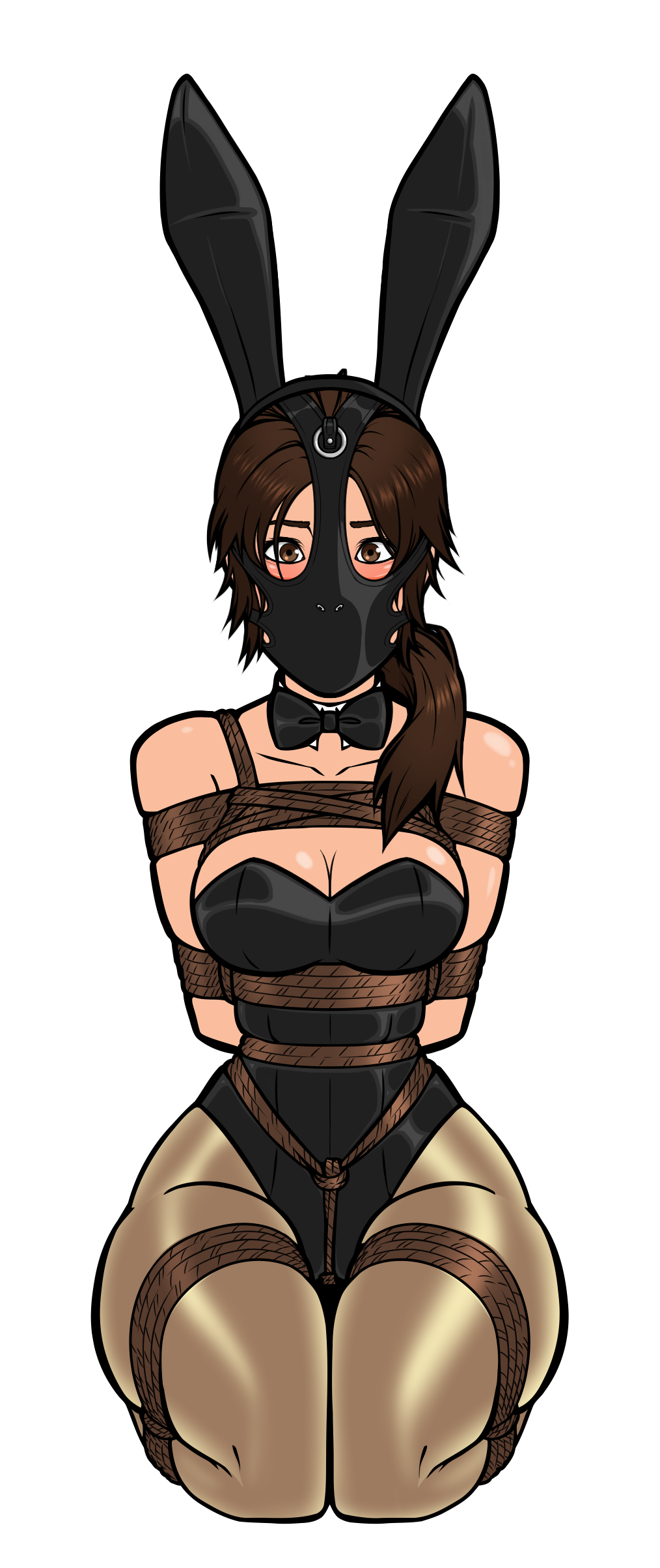 1girls arms_tied_behind_back blonde_hair bondage bound bowtie box_tie breasts bunny_ears bunnysuit crotch_rope fake_animal_ears female gag gagged harness_muzzle_gag kneeling lara_croft large_breasts latex legs_tied leotard long_hair looking_at_viewer muzzle_gag muzzled playboy_bunny restrained rope rope_bondage shibari_over_clothes shiny_clothes strapless strapless_leotard tiara tied_up tight_clothing tomb_raider wossarem