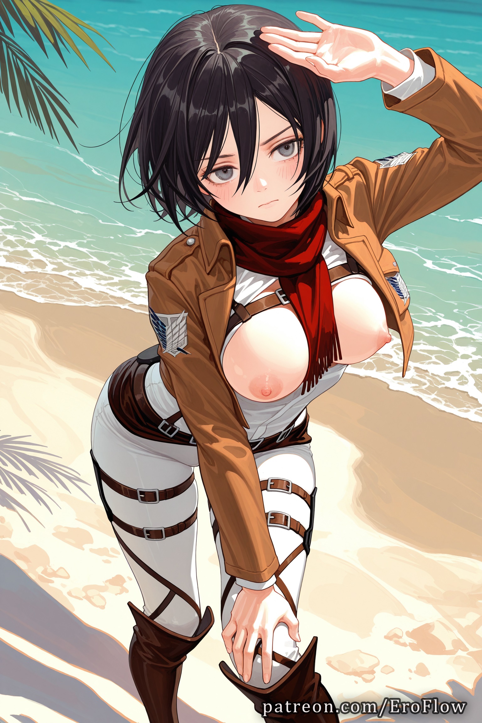 1girls, 2025, ai assisted, ai generated, anime, anime style, areolae, arm up, artist name, attack on titan, bangs, beach, belt, between breasts, black eyes, black hair, blush, boots, breasts, breasts out, brown footwear, brown jacket, brown sash, bust, busty, closed mouth, clothing, cropped jacket, day, emblem, eroflow, feet out of frame, female, female focus, female only, grey eyes, hair between eyes, hand on own knee, hi res, high quality, high resolution, highres, jacket, knee boots, large breasts, leaning forward, long sleeves, looking at viewer, makeup, medium breasts, mikasa ackerman, mikasa ackerman (cosplay), nail polish, nipples, nipples outside, no bra, non-asian, ocean, open clothes, open jacket, outdoors, pants, paradis military uniform, patreon, red scarf, salute, sand, scarf, shingeki no kyojin, shirt, shore, short hair, solo, solo female, stable diffusion, standing, survey corps (emblem), thigh strap, tree, uncensored nipples, voluptuous, voluptuous female, water, white pants, white shirt