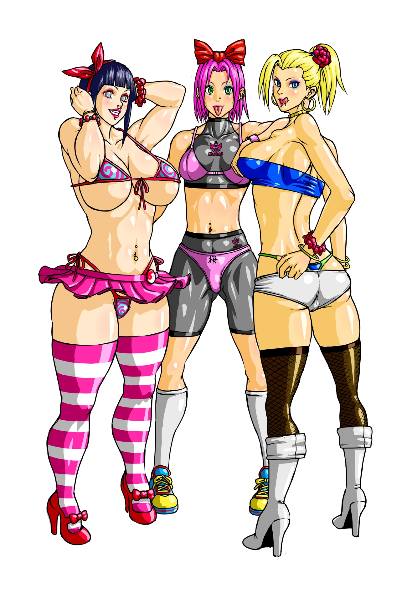 3girls, aged up, alternate version available, back view, bare shoulders, big breasts, bikini, bikini top, bimbo, blonde hair, blue eyes, blush, boots, bra, bracelet, breasts, busty, cleavage, curvy, ear piercing, earrings, eyeshadow, female, female only, fishnet, fishnet stockings, footwear, front view, green eyes, grey eyes, group, hair flower, hair ornament, hairband, haruno sakura, headband, high heel boots, high heels, hoop earrings, hourglass figure, human, hyuuga hinata, ino yamanaka, legwear, licking lips, lip piercing, lipstick, long hair, looking at viewer, looking back, makeup, microskirt, midriff, multiple females, multiple girls, naruto, naruto (series), negoto (nego6), older, open mouth, piercing, pink hair, pink lipstick, pink panties, pink skirt, ponytail, ribbon, sakura haruno, shiny, shiny skin, shoes, short hair, short skirt, shorts, sideboob, simple background, skimpy, skirt, smiling, standing, stockings, swimsuit, text, thong, tied hair, tongue piercing, tube top, tubetop, underboob, voluptuous, whale tail, white background, white footwear, white legwear, white stockings, wide hips, yamanaka ino, yellow hair