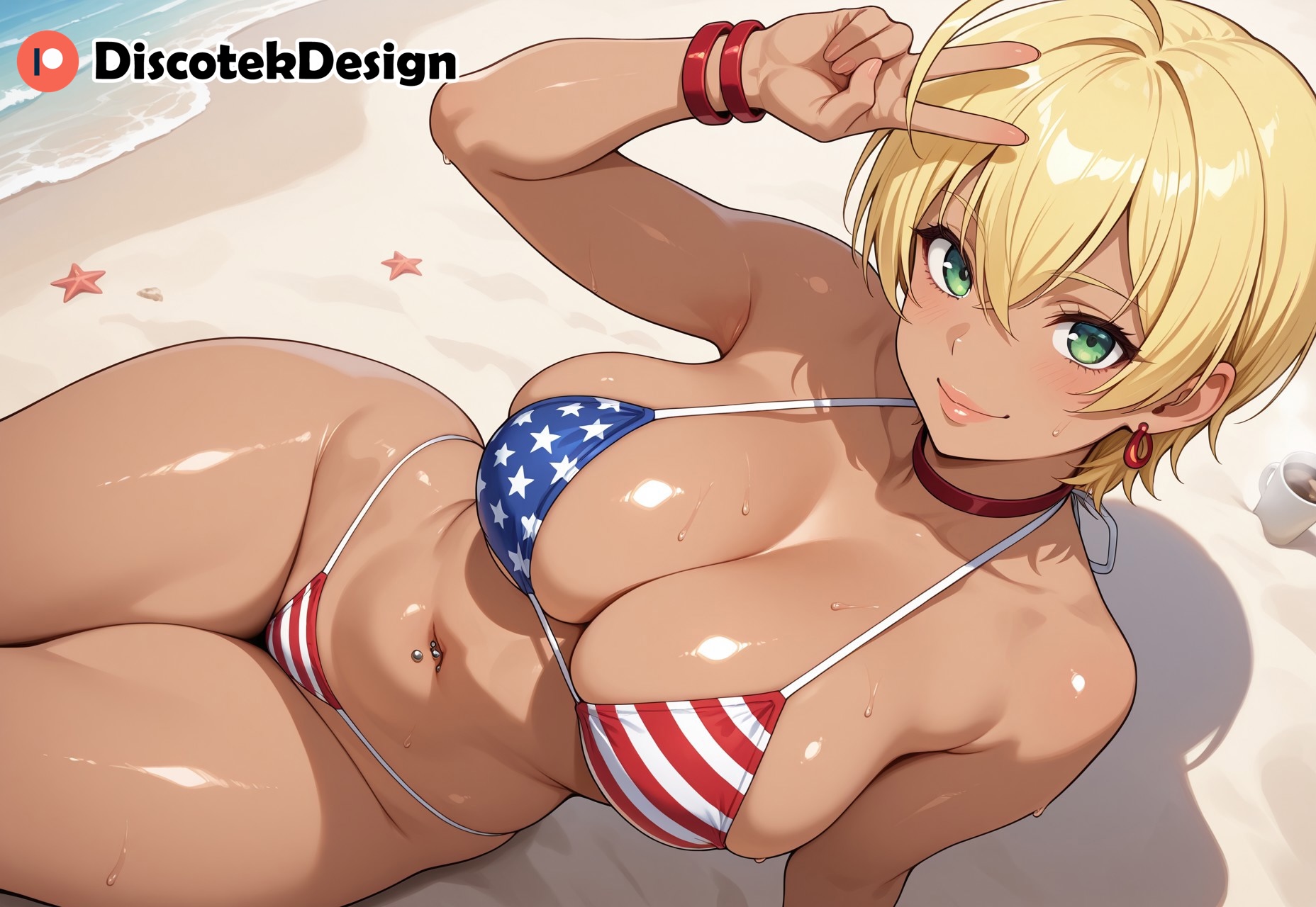 1girls, ai generated, american flag bikini, beach, bikini, blonde hair, dark skin, dark-skinned female, female, green eyes, mito ikumi, shokugeki no souma, short hair, solo, solo female, thick thighs