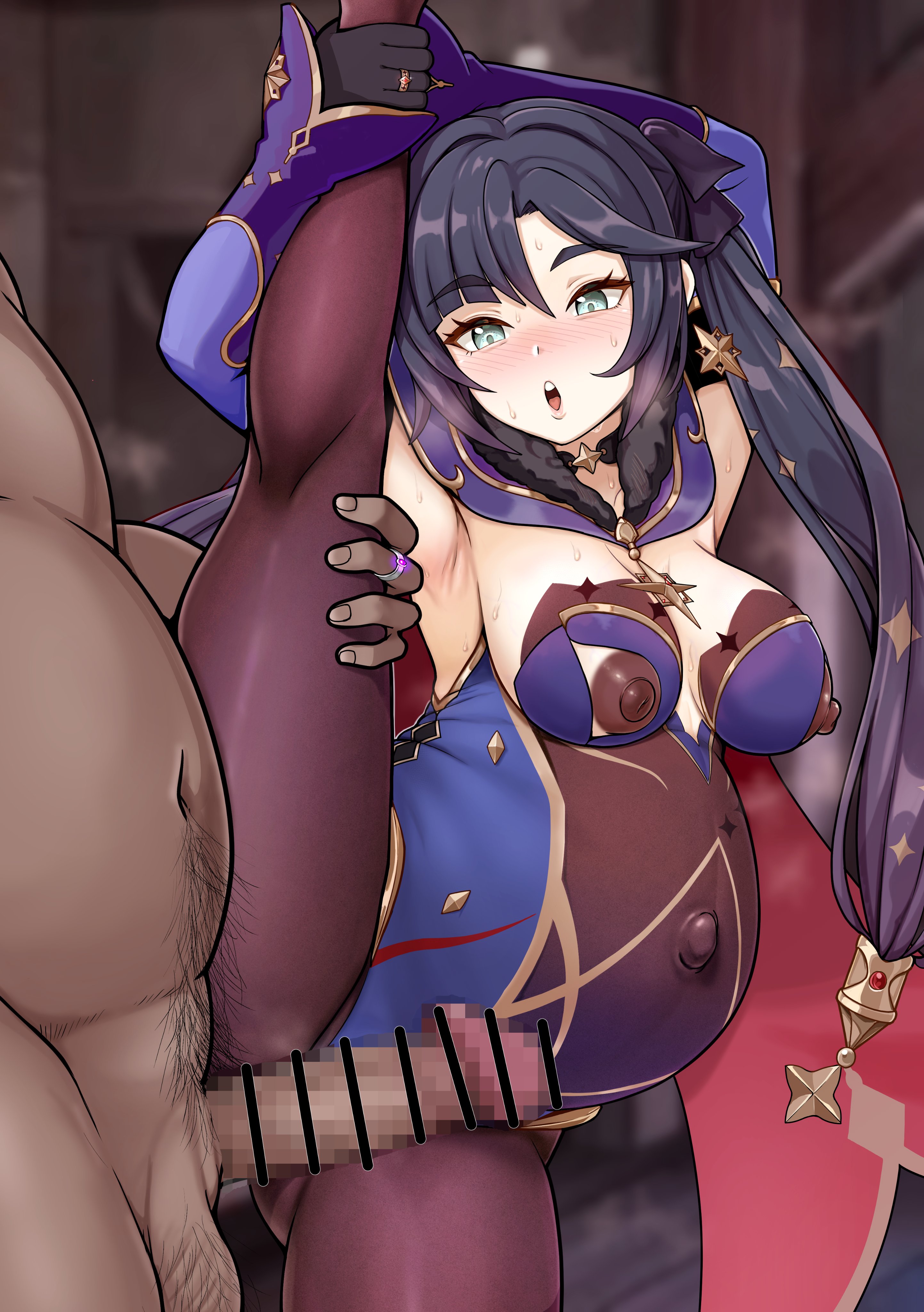1boy, 1girls, balls, bar censor, belly, big belly, blue eyes, blue hair, blush, breasts, censored, dark-skinned male, erection, fat male, female, genshin impact, imminent sex, kantrngo, leg lift, leg up, male, mona (genshin impact), mosaic censoring, nipples, open mouth, outie navel, penis, pregnant, pubic hair, sweat, testicles