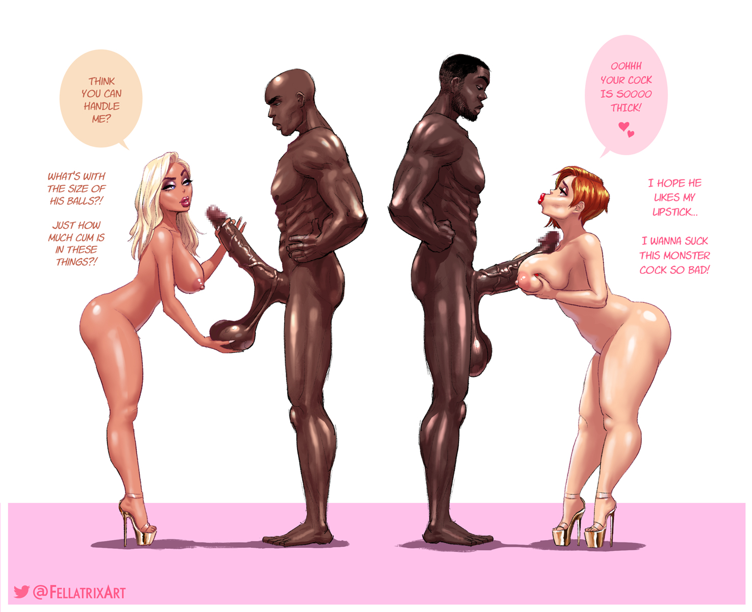 2boys, 2girls, amber (fellatrix), ass, balls, before sex, big ass, big penis, bimbo, blonde hair, breasts, brittany (fellatrix), censored, dangling balls, dangling testicles, dark skin, dark-skinned male, erection, eyeshadow, fellatrix, female, ginger, ginger hair, high heels, holding penis, huge balls, huge cock, huge penis, interracial, large breasts, lipstick, looking at viewer, makeup, male, naked footwear, naked heels, naked with shoes on, nude, open toe shoes, original, outercourse, paizuri, penis, red hair, redhead, sagging balls, stiletto heels, straight, testicles, thick, thick thighs, very high heels, voluptuous