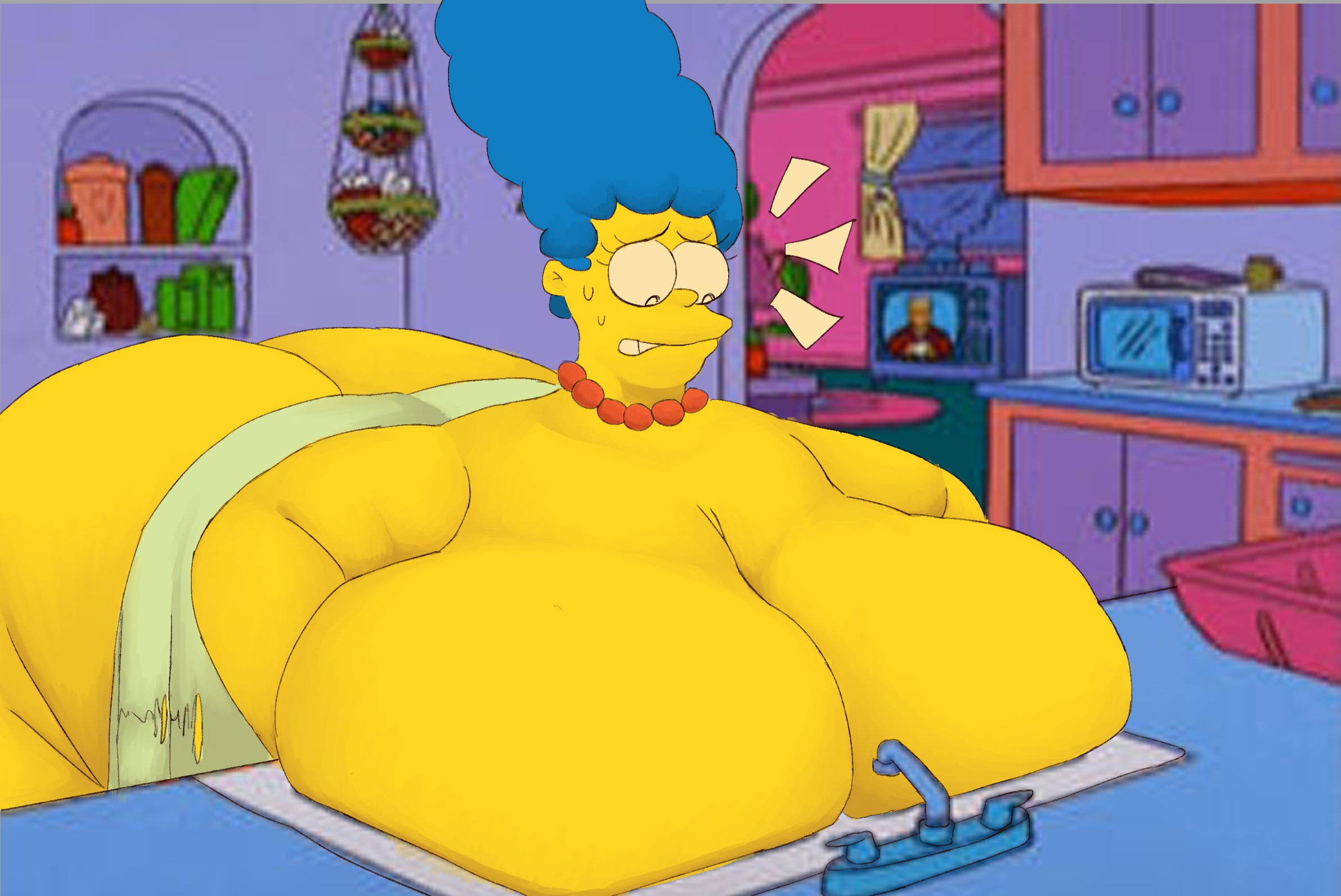 1girls, ass, bbw, blue hair, breasts, cleavage, female, gigantic ass, gigantic breasts, green dress, huge ass, huge belly, huge breasts, large marge, marge simpson, pearl necklace, solo, solo focus, stuck, sykotikfuckerr, the simpsons, wide hips, yellow body