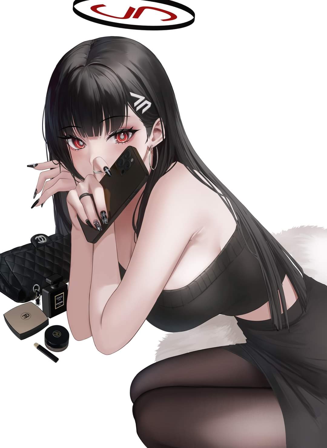 1girls, abab xiaxia, big breasts, blue archive, breasts, female, female only, halo, makeup, nail polish, nails, purse, rio (blue archive)