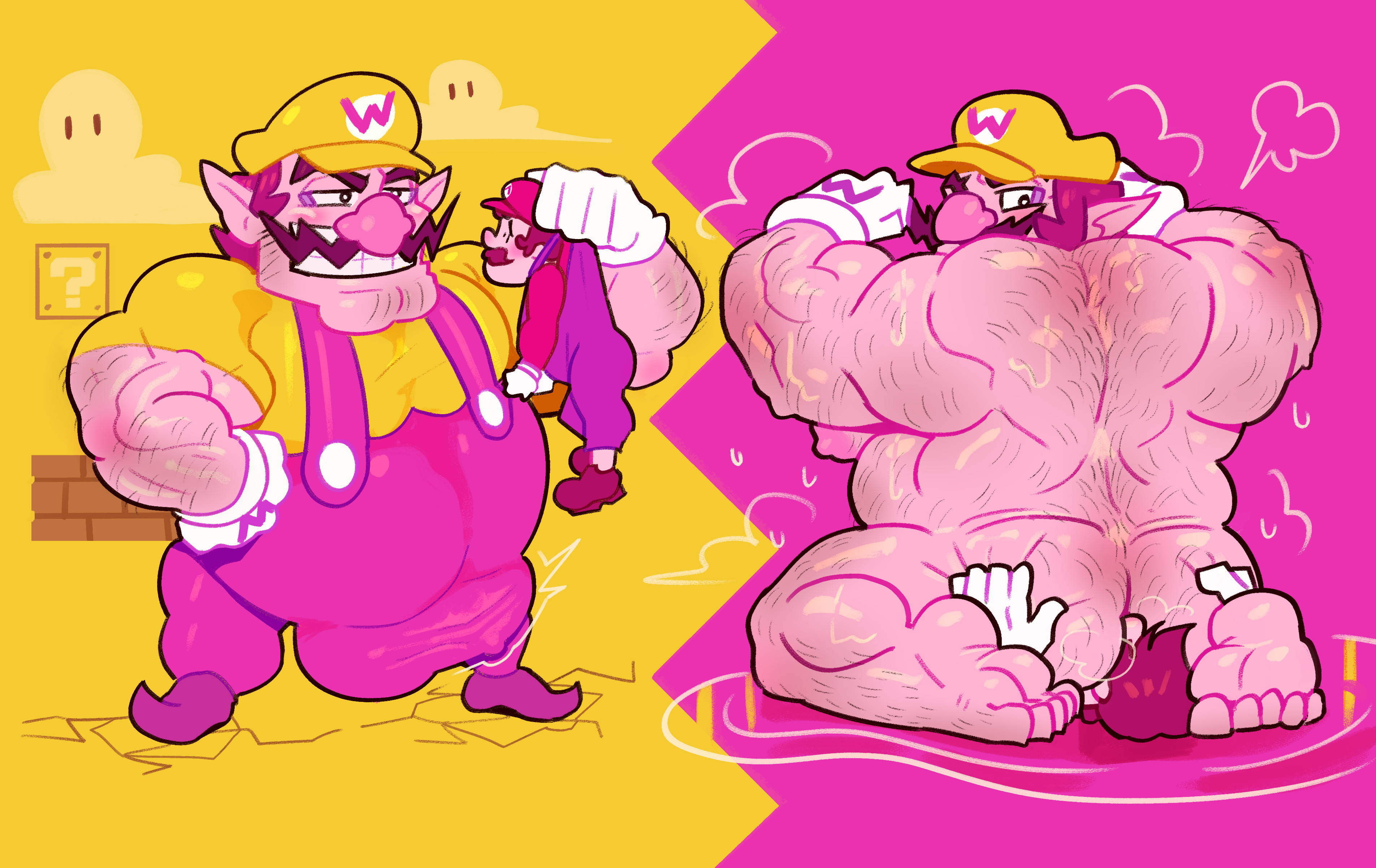 ? block, 2boys, antagonist, antagonist with protagonist, arm hair, ass, back hair, back muscles, balls, bara, biceps, big ass, big balls, big biceps, big bulge, big butt, big muscles, big penis, bigger male, blue overalls, brown hair, clouds, dominant, dominant male, domination, facial hair, fat ass, fat male, feet, floor damage, gay, gay domination, gay sex, gloves, hair, hairy, hairy arms, hairy back, hairy belly, hairy human, hairy legs, hairy male, hairy shoulders, hat, huge muscles, human, larger human, larger male, leg hair, light skin, light-skinned male, looking at another, looking at partner, macro, male, male rimming male, mammal, mario, mario (series), masculine male, mature, mature male, moustache, muscles, muscular, muscular arms, muscular chest, muscular human, muscular male, musk, musk clouds, nintendo, nipples, overalls, overweight, overweight human, overweight male, partially clothed, pecs, penis, pointy ears, purple clothing, purple overalls, red hat, red shirt, rimming, rimming male, size difference, smaller human, smaller male, submissive, submissive male, sweat, sweat pool, sweatdrop, sweating, sweaty, sweaty ass, sweaty body, sweaty butt, sweaty male, vaniwall, veiny, veiny penis, video game character, video games, wario, white gloves, yaoi, yellow clothing, yellow hat, yellow shirt