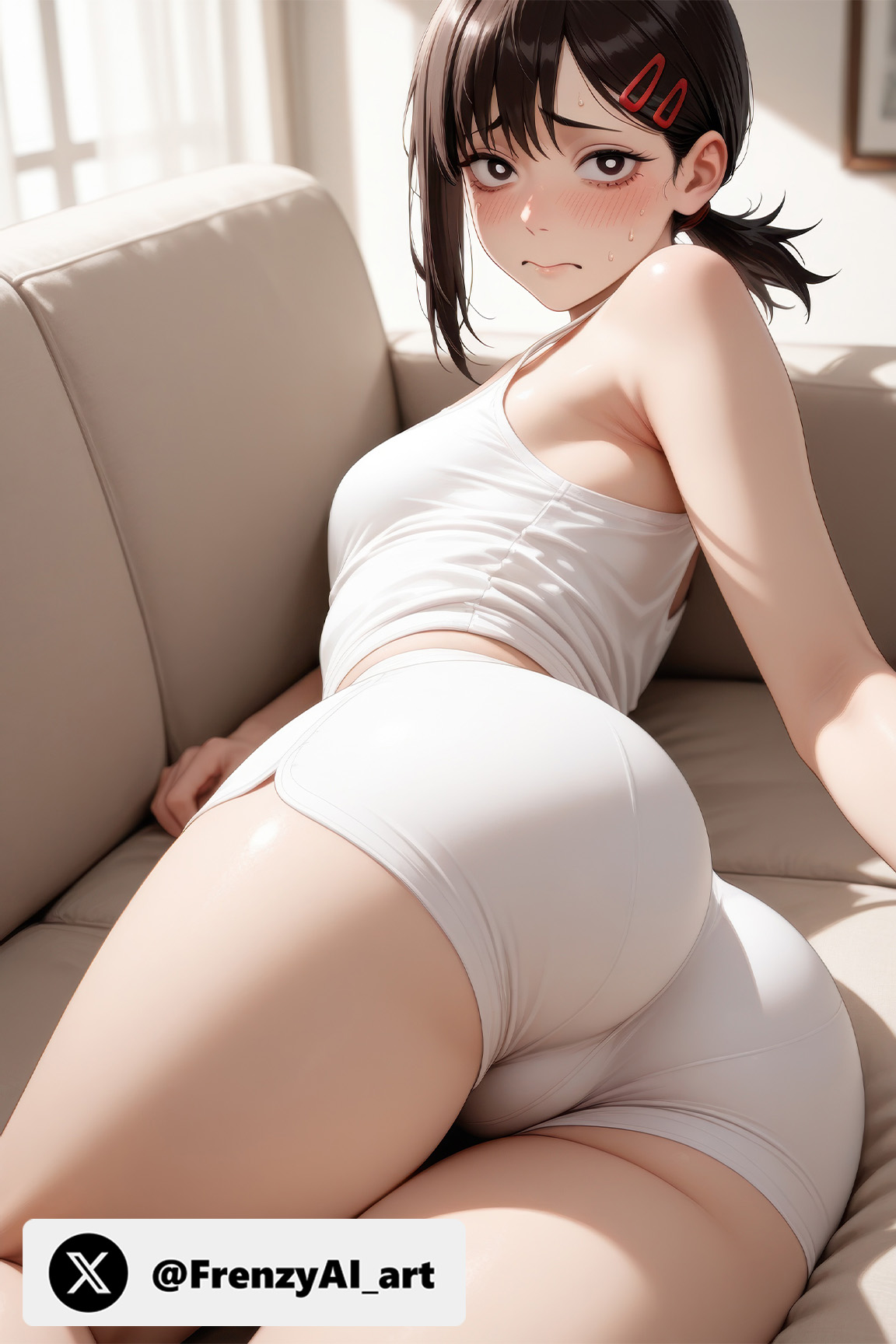 ai generated, ass, bare shoulders, black eyes, black hair, blush, breasts, chainsaw man, closed mouth, couch, female, frenzyai, hair ornament, hairclip, higashiyama kobeni, indoors, looking at viewer, looking back, lying, mole, mole under eye, mole under mouth, short hair, short ponytail, short shorts, shorts, solo, tank top, thighs, white shorts, white tank top