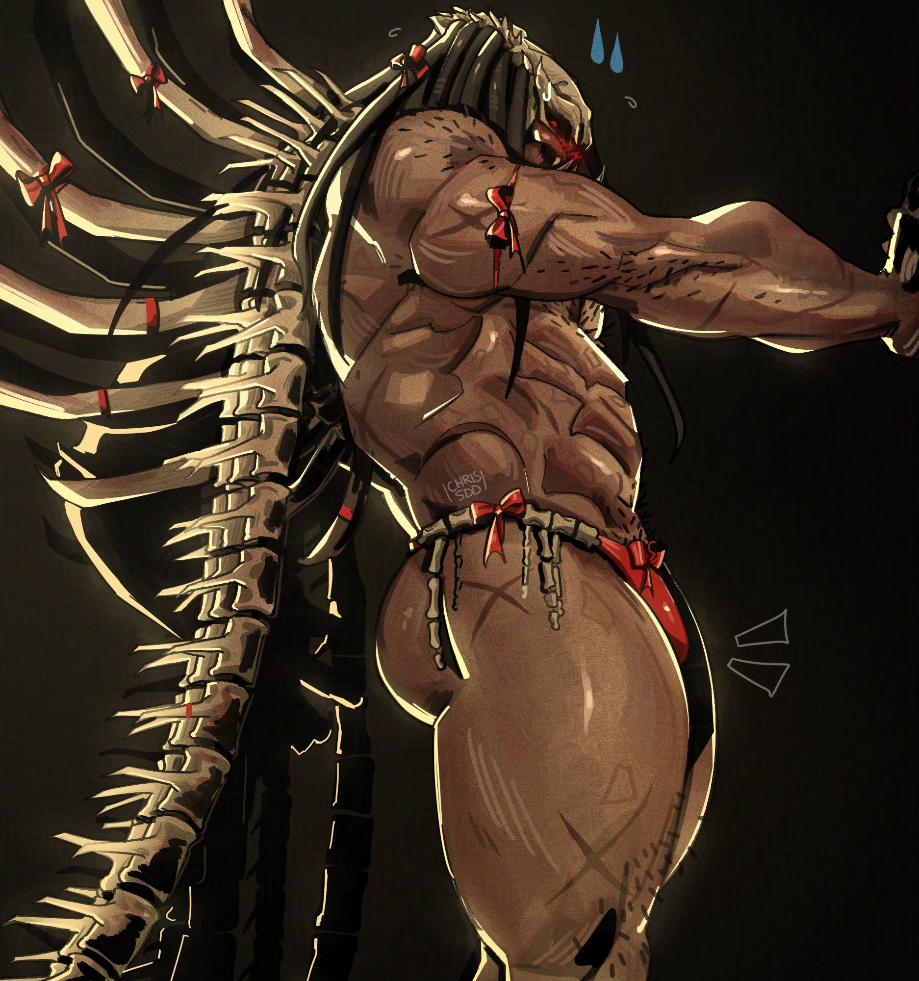 1boy, 20th century fox, 20th century studios, abs, bara, bulge, chris sdd, chrissdd, hairy, hulu, king grendel, l9ngkkk, male, muscular, muscular male, nsfw chrsdd, predator (franchise), predator killers of killers, simple background, solo, sweat, sweatdrop, tagme, warlord predator, yaoi, yautja