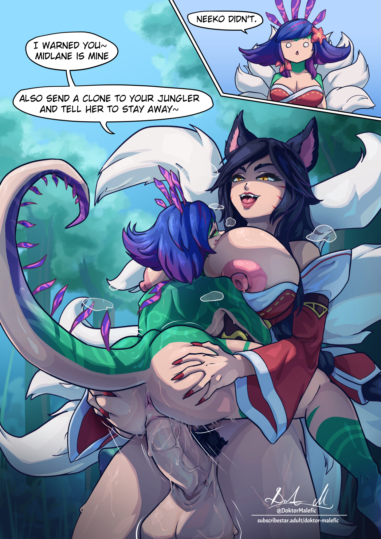 1futa, 1girls, ahri, ass, background, balls, belly, big ass, big breasts, big butt, big penis, blue eyes, blue hair, breast expansion, breast growth, breast growth (enlargement), breasts, clone, color, colored, comic, comic page, dialogue, doktor malefic, duo, english text, erection, exposed nipples, female, fur, futa on female, futadom, futanari, huge balls, huge breasts, huge cock, intersex, league of legends, light skin, light-skinned female, light-skinned futa, long hair, neeko, penis, purple hair, pussy, riot games, sex, short hair, stand and carry position, standing, standing sex, steam, steaming body, steamy breath, sweat, sweaty, sweaty body, text, thick, thick ass, thick legs, thick thighs, thighs, tight fit, vaginal penetration, vastaya, veiny penis, yellow eyes