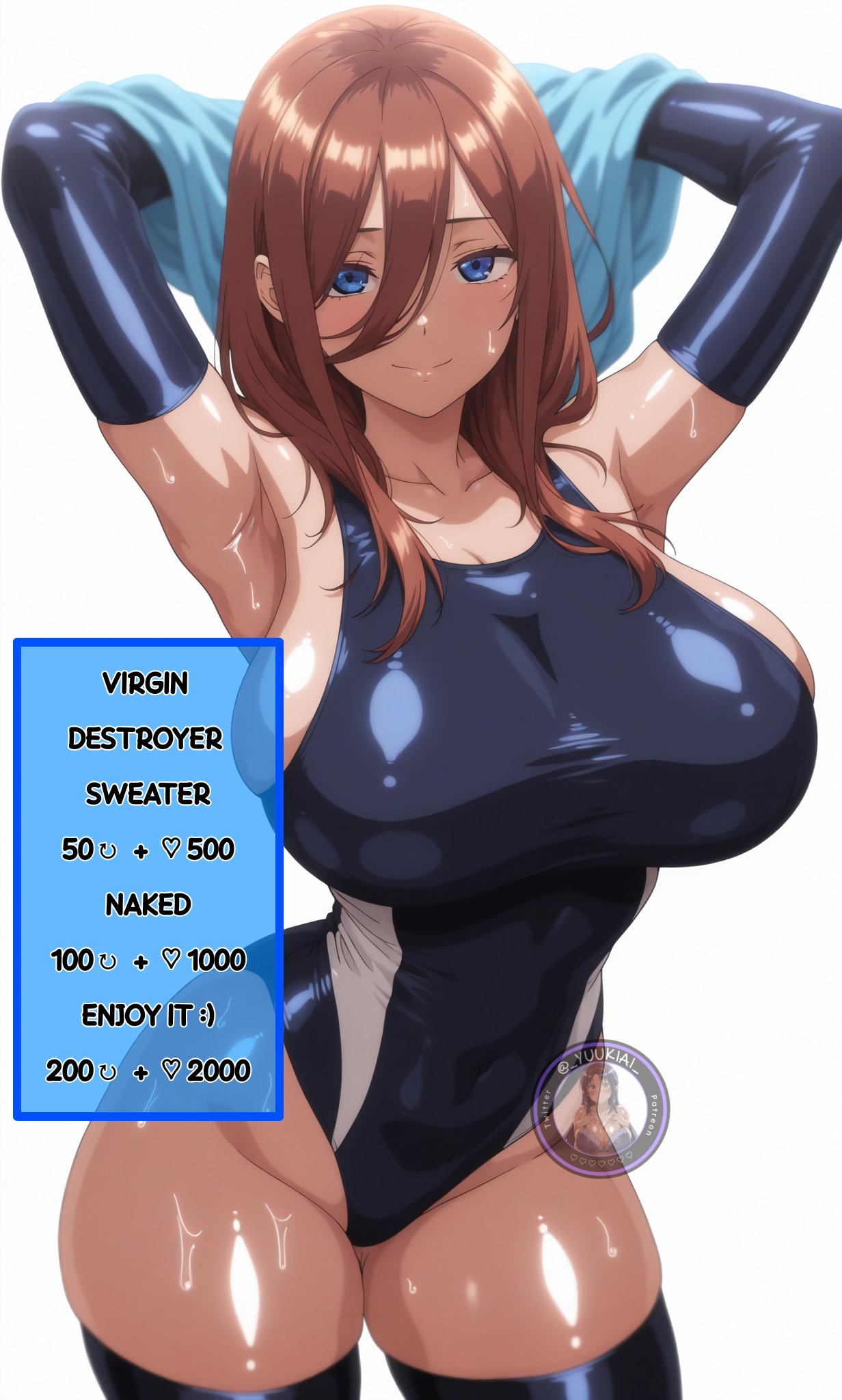 1girls, ai generated, ass, ass visible through thighs, breasts, female, female focus, female only, go-toubun no hanayome, large breasts, light skin, light-skinned female, looking at viewer, nakano miku, one-piece swimsuit, solo, swimsuit, thick thighs, thighhighs, thighs, wide hips, yuukiai