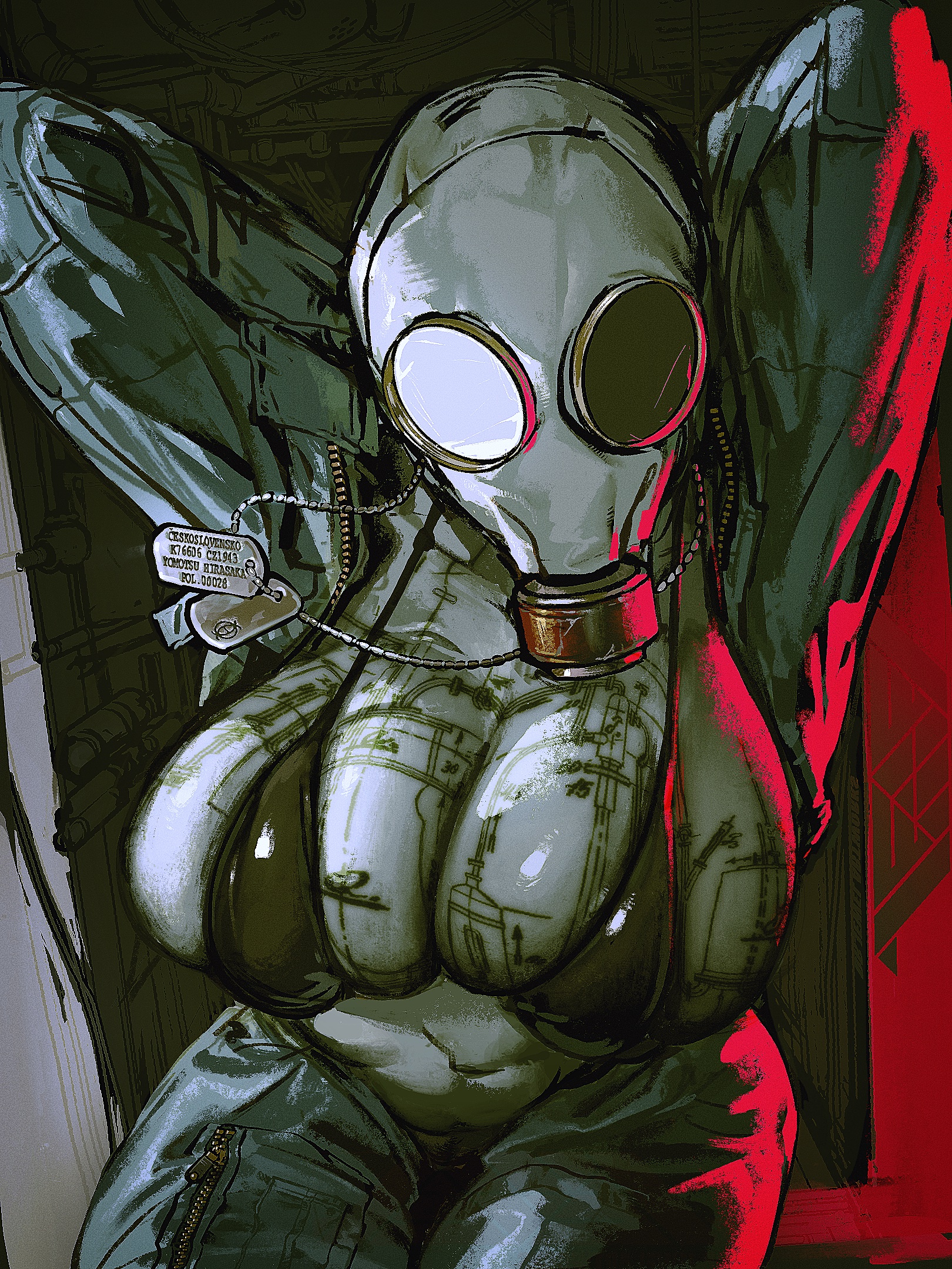 1girls, 2020s, 2025, 2d, 2d (artwork), arms behind head, arms up, big breasts, big thighs, blueprint, body writing, boiler suit, breasts, cleavage, curvy, curvy body, curvy female, curvy figure, dog tags, female, female focus, gas mask, hi res, high-angle view, highres, hips, hourglass figure, huge breasts, human, human only, juerucj, jumpsuit, large breasts, looking at viewer, masked, masked female, midriff, nipple bulge, original, original character, pinup, schematic, sitting, solo, solo female, tattoo, tattoo on breast, thick thighs, thighs, tight clothing, unzipped, wide hips