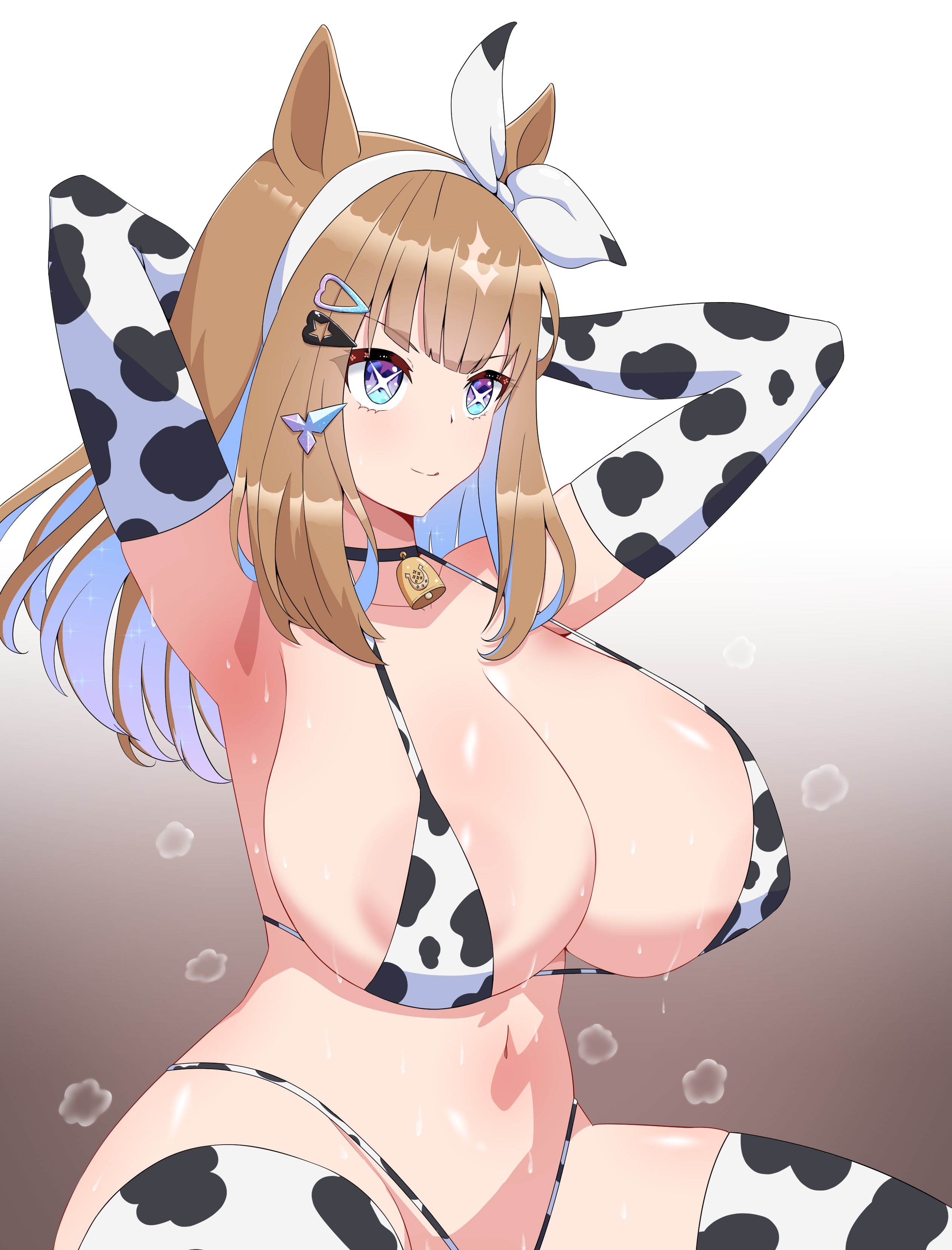 + +, absurdres, almond eye (umamusume), animal ears, animal print, areola slip, armpits, bell, bikini, black choker, blue eyes, blunt bangs, blush, bow, breasts, brown background, brown hair, choker, closed mouth, commentary, cow print, cow print bikini, cow print gloves, cow print thighhighs, cowboy shot, dewanewbie, female, gloves, gradient background, hairbow, highres, horse ears, horse girl, huge breasts, looking afar, navel, print bikini, print gloves, print thighhighs, smile, solo, sweat, swimsuit, symbol-only commentary, thighhighs, umamusume, white background, white bow