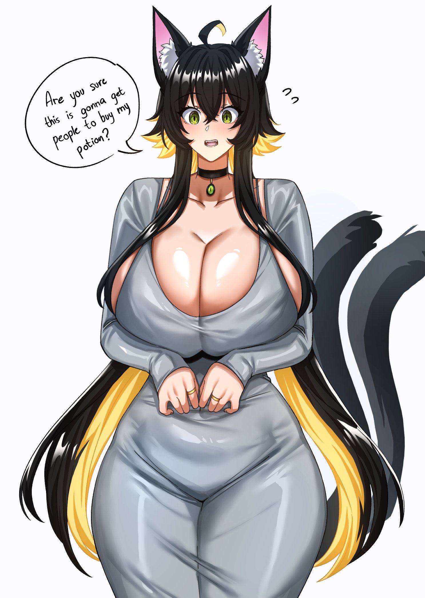 1girls, 2020s, 2025, 2d, 2d (artwork), big breasts, black hair, blush, breasts, cat ears, cat girl, catgirl, child bearing hips, choker, cleavage, clothing, curvy, curvy body, curvy female, curvy figure, dialogue, english, english text, eyebrows, eyelashes, female, female focus, finger ring, green eyes, grey dress, hands together, hi res, highres, hips, hourglass figure, huge breasts, human, human only, jewelry, large breasts, long hair, looking at viewer, nervous, original, original character, ryuu (ryuukusnpaiarts), ryuukusnpaiarts, sideboob, slim waist, standing, tight clothing, wide hips, yellow hair