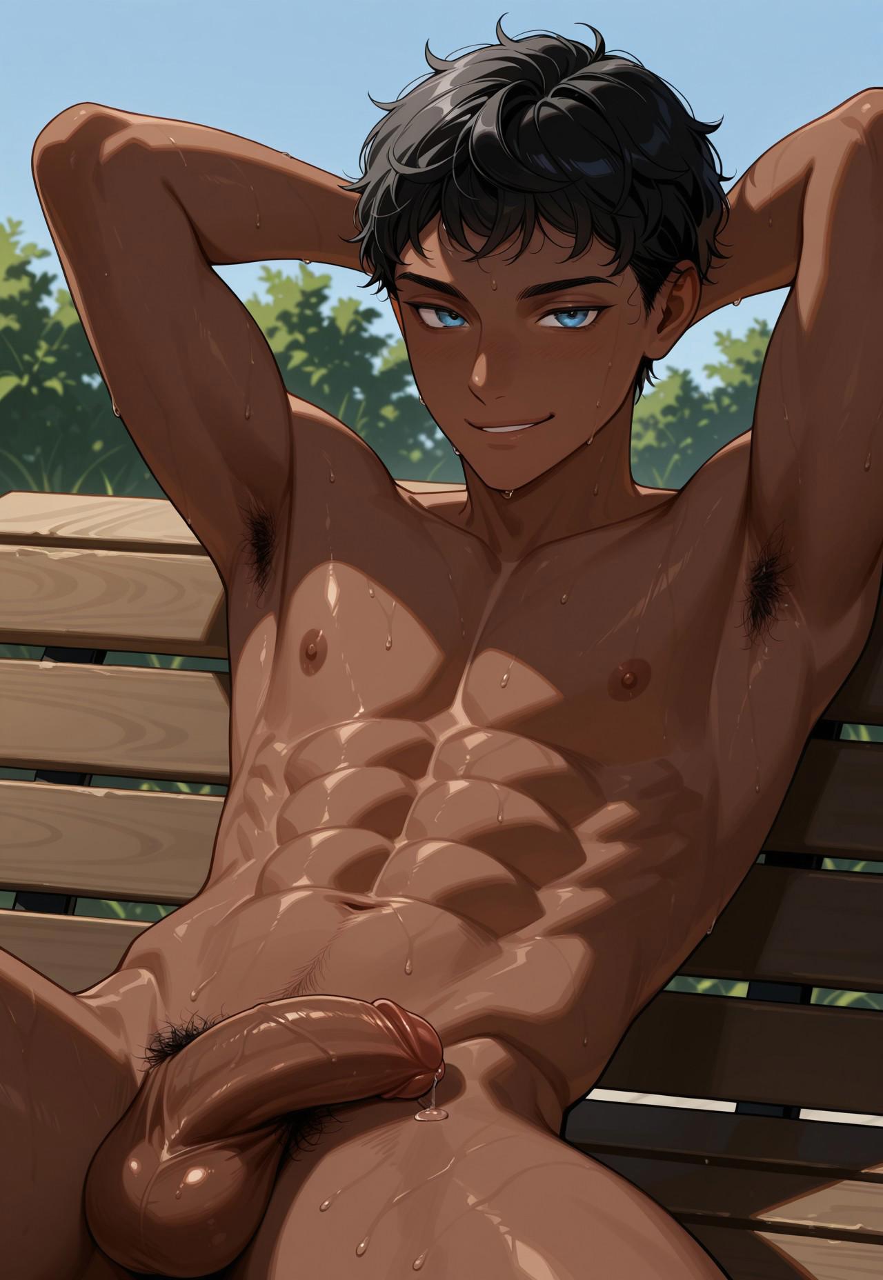 1boy, abs, ai generated, armpit hair, armpits, arms behind head, balls, bench, black hair, blue eyes, blush, bsky link, civitai, dark skin, dark-skinned male, dungeon meshi, dvxxxgrai, flaccid, flaccid penis, gay, illustrious (stable diffusion), kabru, male, male focus, male only, naked, nipples, nude, nude male, outdoors, penis, pubic hair, resting, seated, solo, solo focus, solo male, spread legs, sweat, tagme, testicles, twitter link